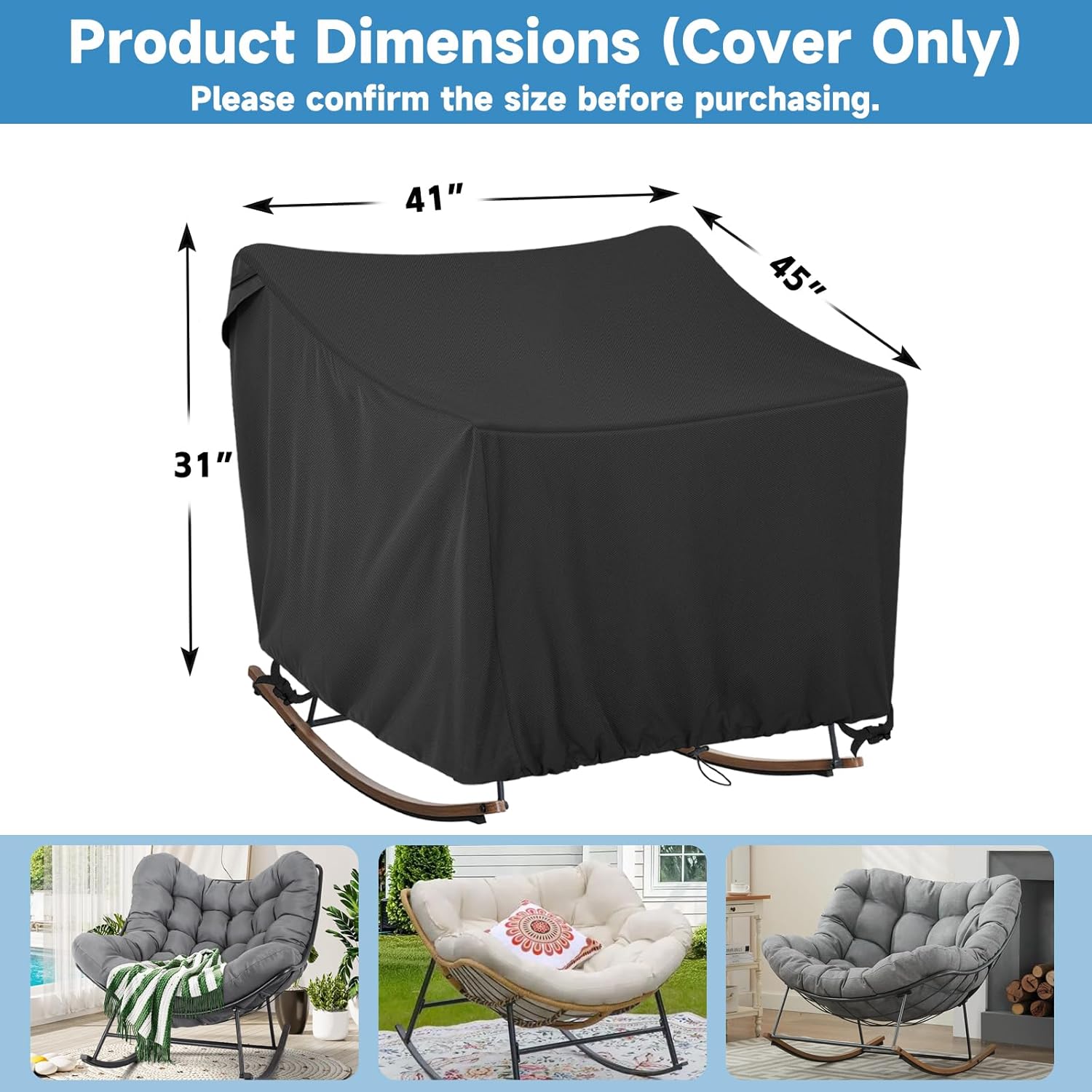 Outdoor Papasan Rocking Chair Cover 41" W x 45" D x 31" H Black Heavy Duty Waterproof Dust Resistant Patio Furniture Seat Covers