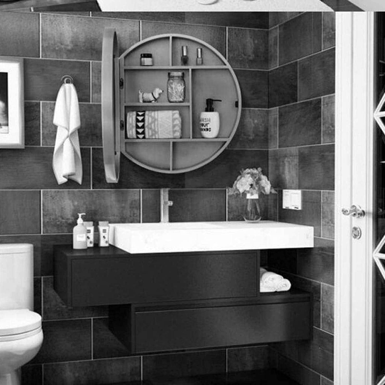 Espejos de baño de Madera Maciza - Espejo de tocador Grande corredizo montado en la Pared con función de Almacenamiento for Muebles - Espejo de Pared Redondo(Black Walnut,70cm)