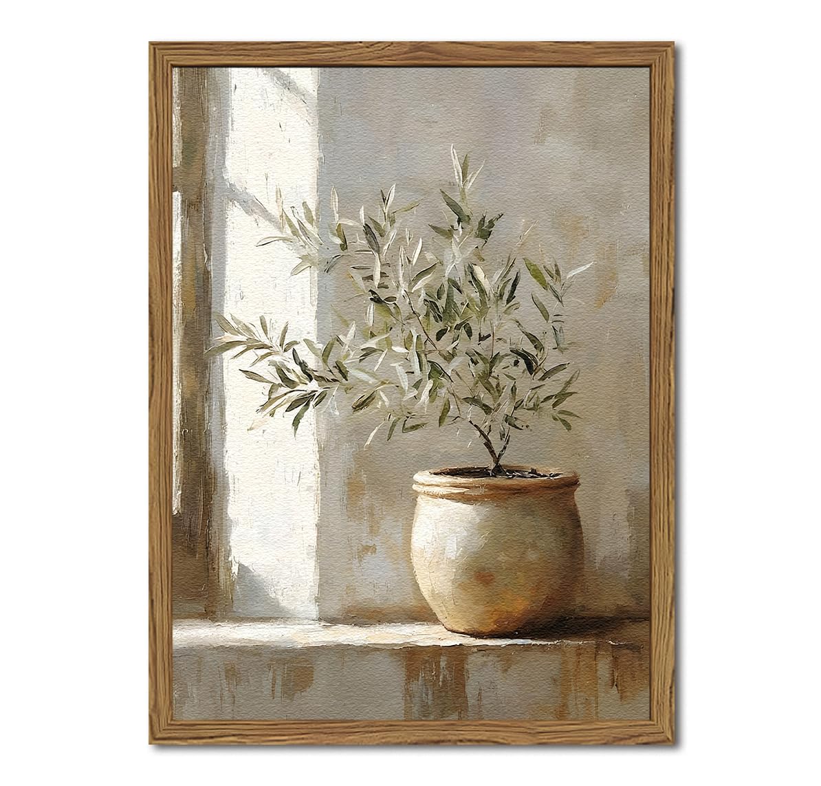 Framed Vintage Olive Tree Wall Art, Textured Sandstone Botanical Pictures Wall Decor, Rustic Neutral Potted Plant Paintings Prints Aesthetic Farmhouse Home Decor for Living Room Bedroom 12x16 inch