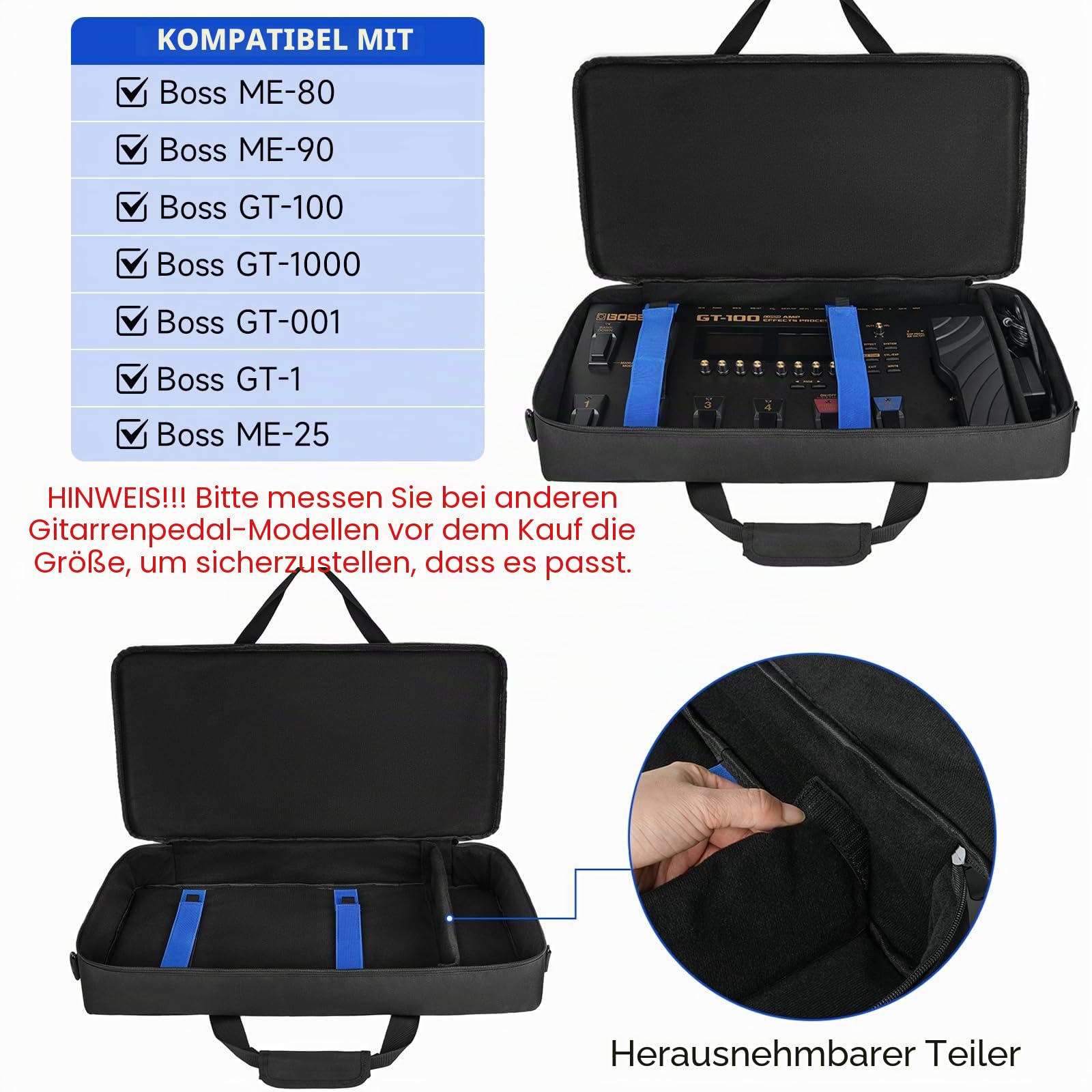 Tragetasche kompatibel mit Boss ME-90/GT-1000/GX-100/ME-80 Gitarren-Multieffektpedal, Gitarren-Pedalboard-Tasche mit Mehreren Taschen für Gitarrenkabel und Zubehör (60 x 8,9 x 29 cm), nur Tasche | Tragetasche für Gitarren-Pedale mit mehreren Taschen für G
