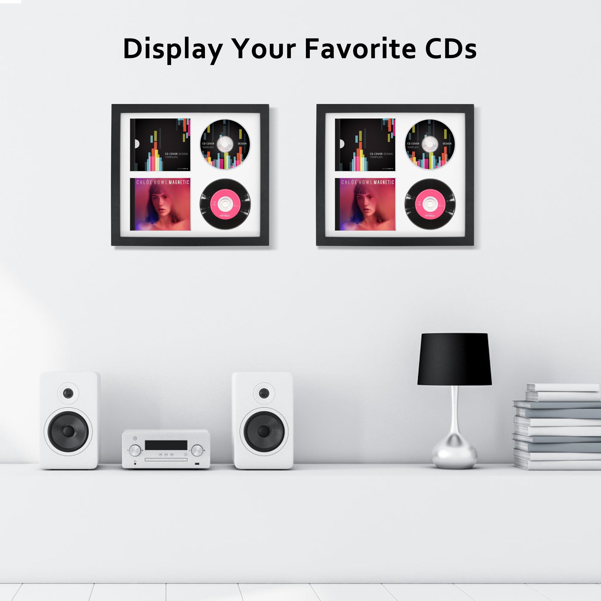 FramePro Cornice Doppio Display CD 36,1 cm x 32,5 cm, Supporto per Dischi Vinile Firmato con Vetro Reale, Decorazione Musicale da Parete, Bianco Opaco