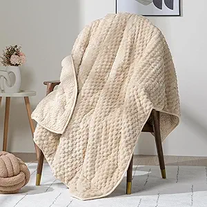 Wemore Fleece Weighted Blanket for Adults (60" x 80" 15lbs, Khaki), Dual Sided Cozy Soft Sherpa Heavy Blanket, 3D Imitation Turtle Shell Warm Jacquard Flannel Weighted Blankets for Couch and Bed