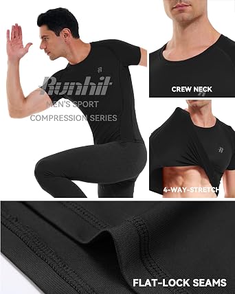 Runhit Men's Compression Short Sleeve Shirt UPF 50+, 1/3 Pack Quick Dry Base Layer Running Top, Breathable Mesh Muscle Fit Sports T-Shirt for Gym Cycling Football Training