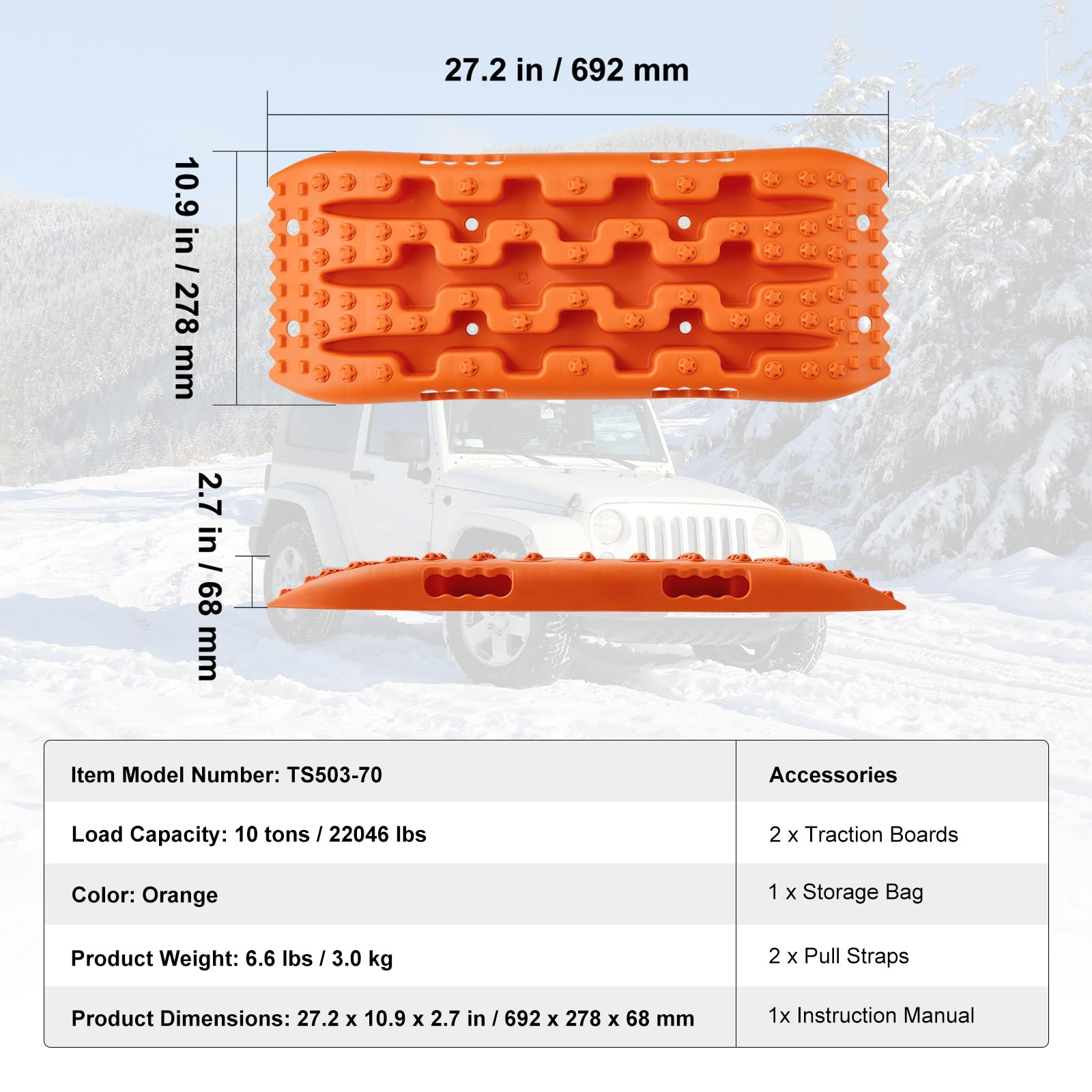 VEVOR Placa de Aterrizaje de PP 10 T Estera de Tracción para Todoterreno/Coche/Pick-up/SUV/RV Tabla de Recuperación de Arena y Lodo de Nieve Bolsa de Almacenamiento, Corta, Naranja, 2 Piezas