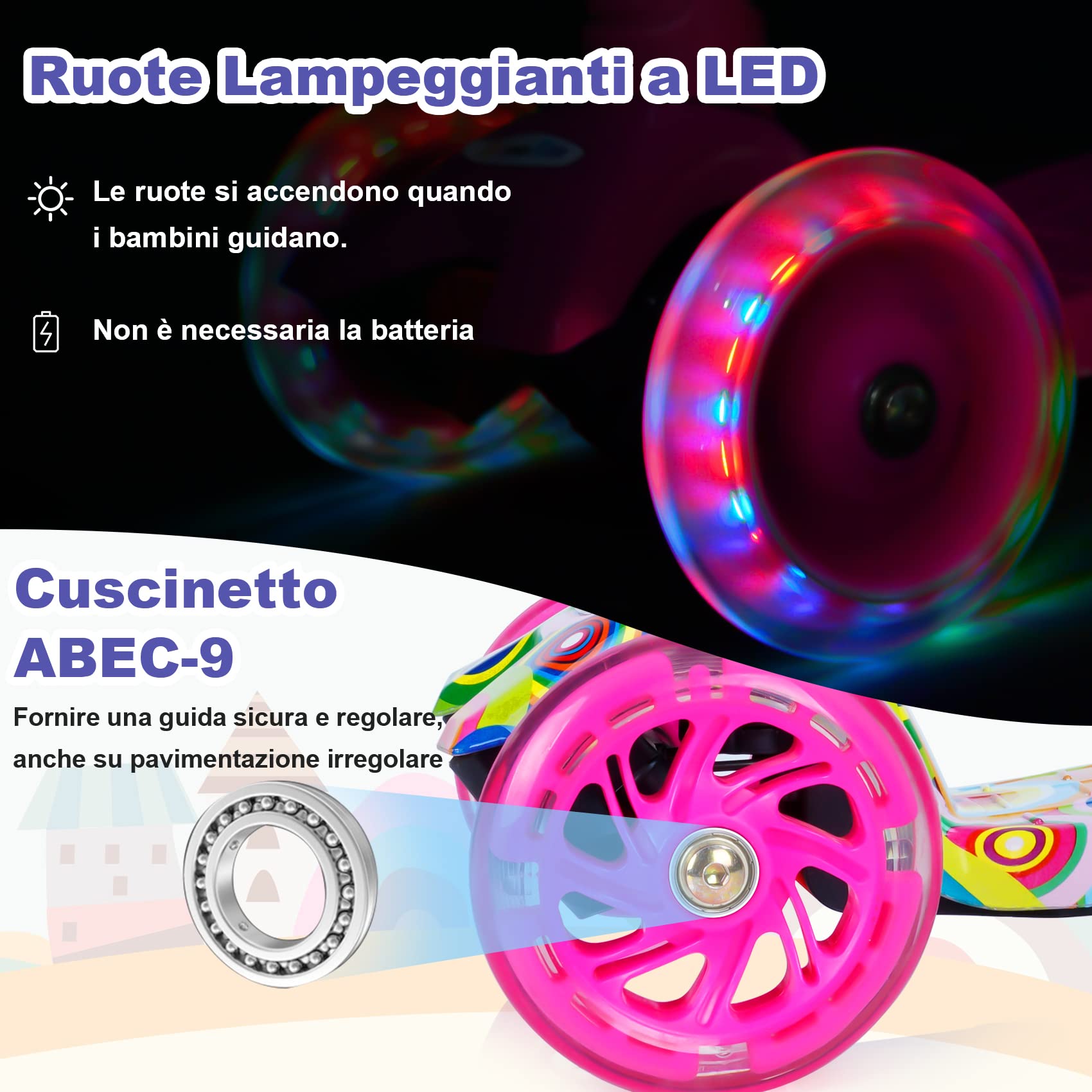 Monopattino per Bambini da 3 a 12 Anni, Monopattino Bambino 3 Ruote Luminose a LED, Monopattino Bambina con Impugnatura Regolabile in Altezza e Carico Massimo 50kg