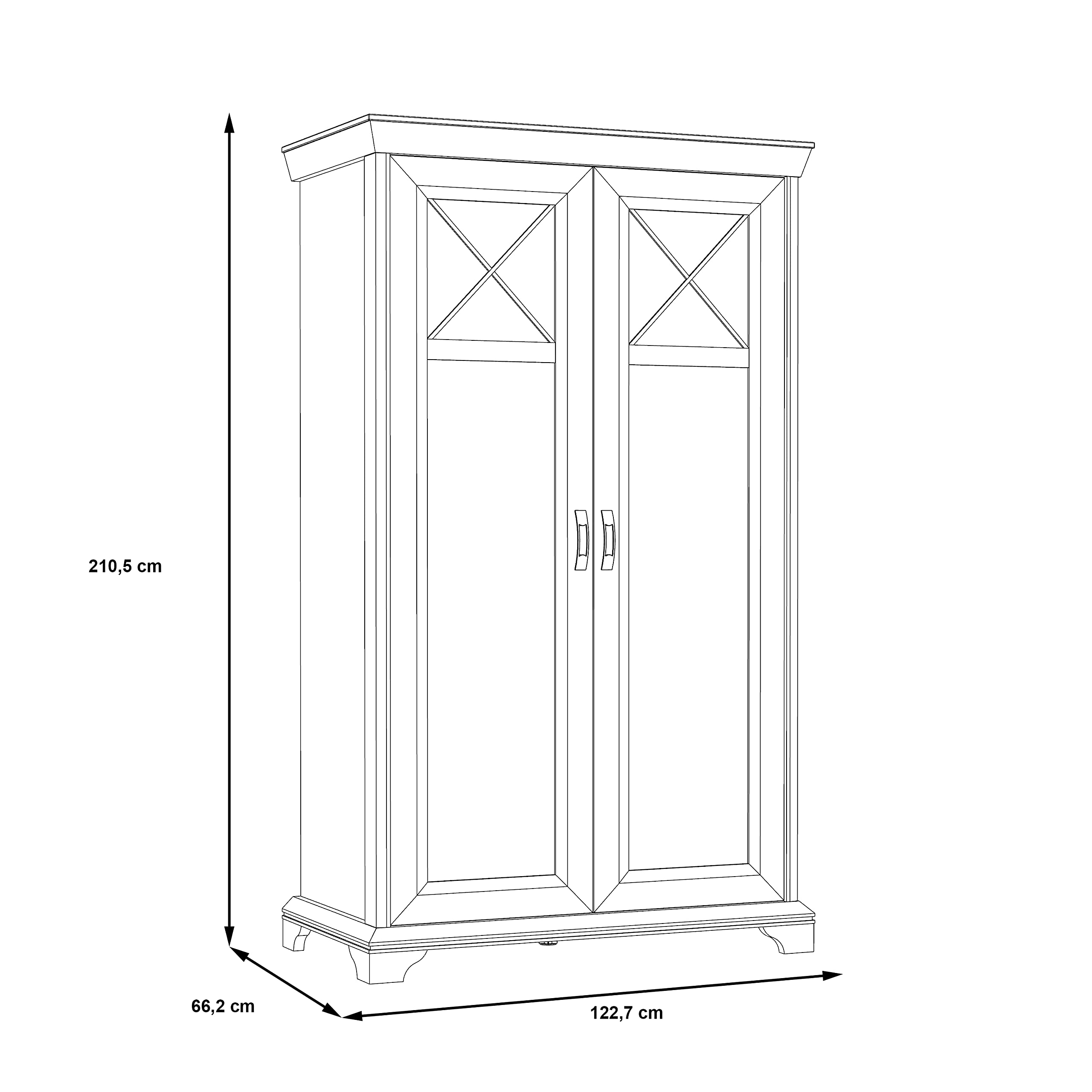 FORTE KASHMIR Schrank 120 130, Kleiderschrank Schlafzimmerschrank Landhausstil Drehtürenschrank 2-türig Einlegeböden und Kleiderstange, Holzdekor: Pinie Weiß, 123 cm breit x 210 cm hoch x 66 cm tief