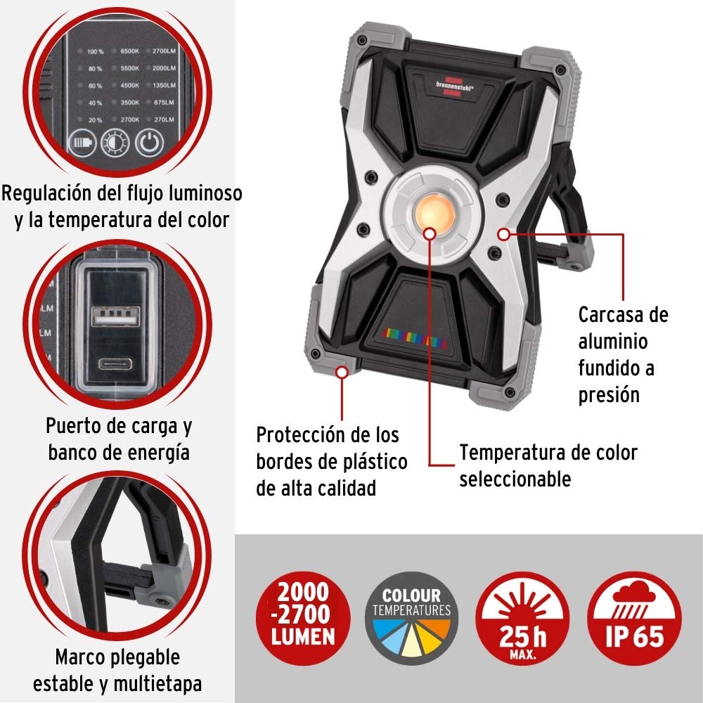 Brennenstuhl RUFUS foco LED a batería recargable de 30 W con reproducción de colores 15CRI 96 (2700 lm, luz de trabajo profesional, lámpara portátil, color de luz regulable, carcasa resistente, IP65)