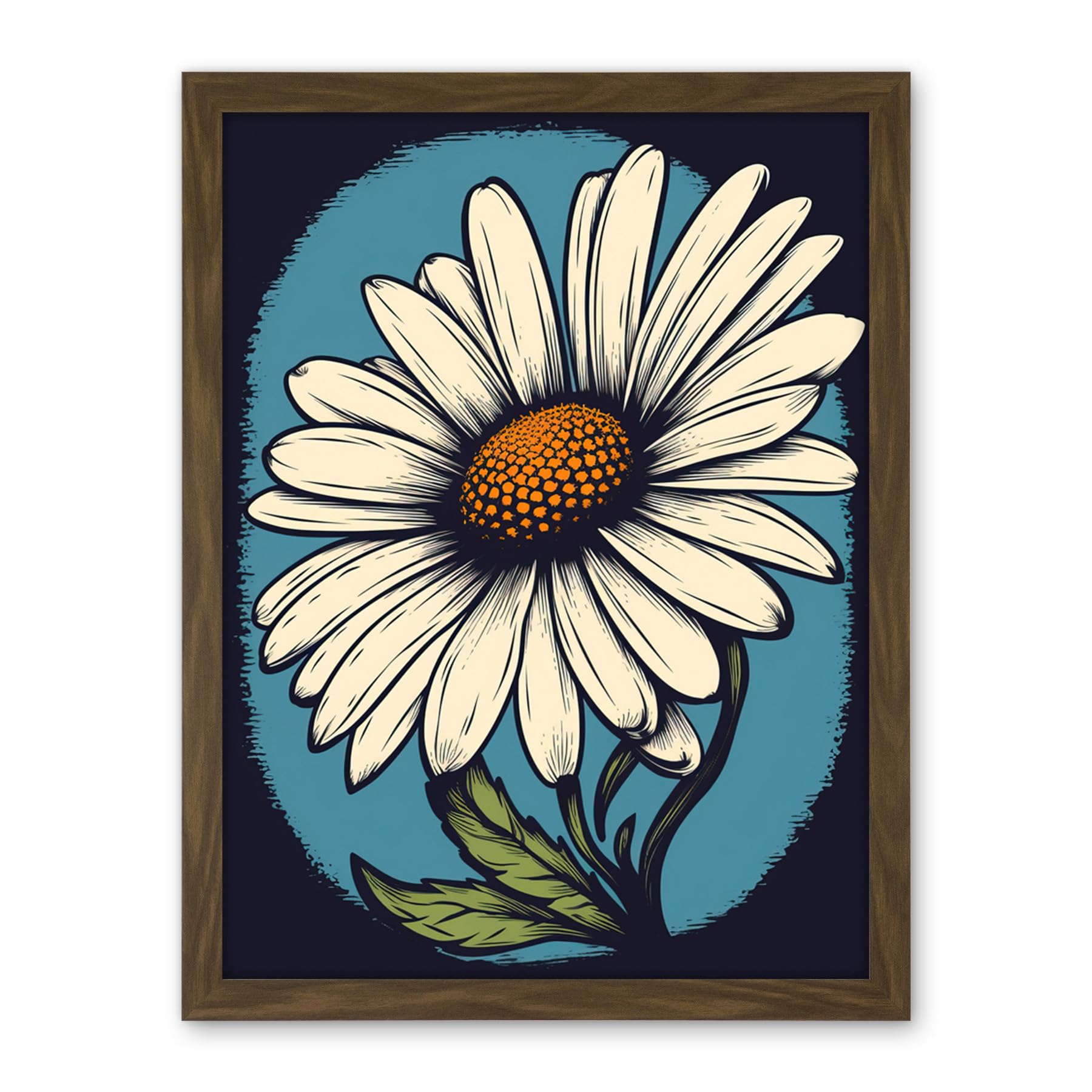 Artery8 A Single Daisy Flower Bloom Bold Rockabilly Americana 50s Artwork Framed Wall Art Print 18X24 Inch