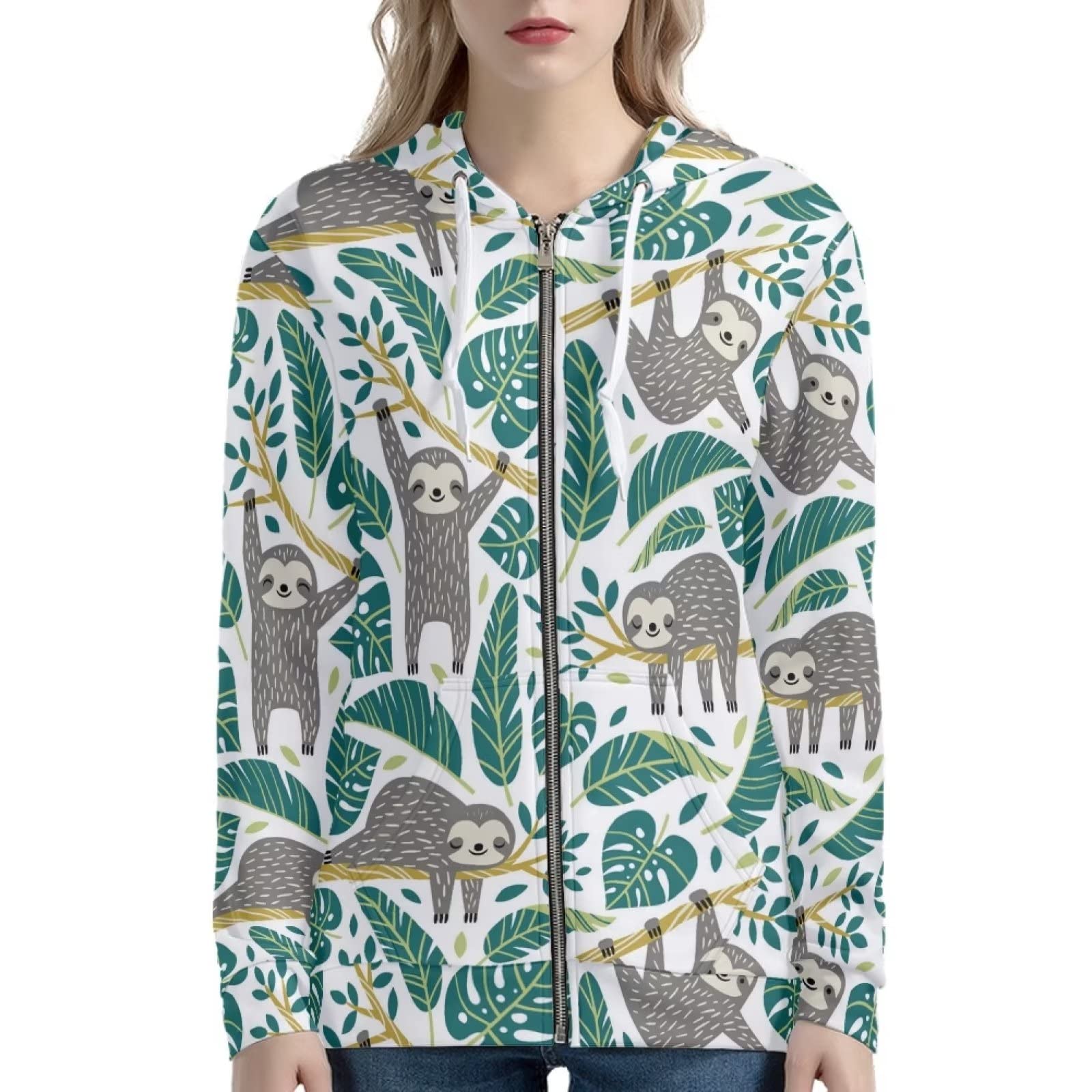 Xoenoiee Y2K bluza z kapturem damska bluza z zamkiem błyskawicznym dziewczęca kurtka uliczna długi rękaw oversize swetry z kapturem luźny krój, Tropikalne liście leniwiec, 3XL