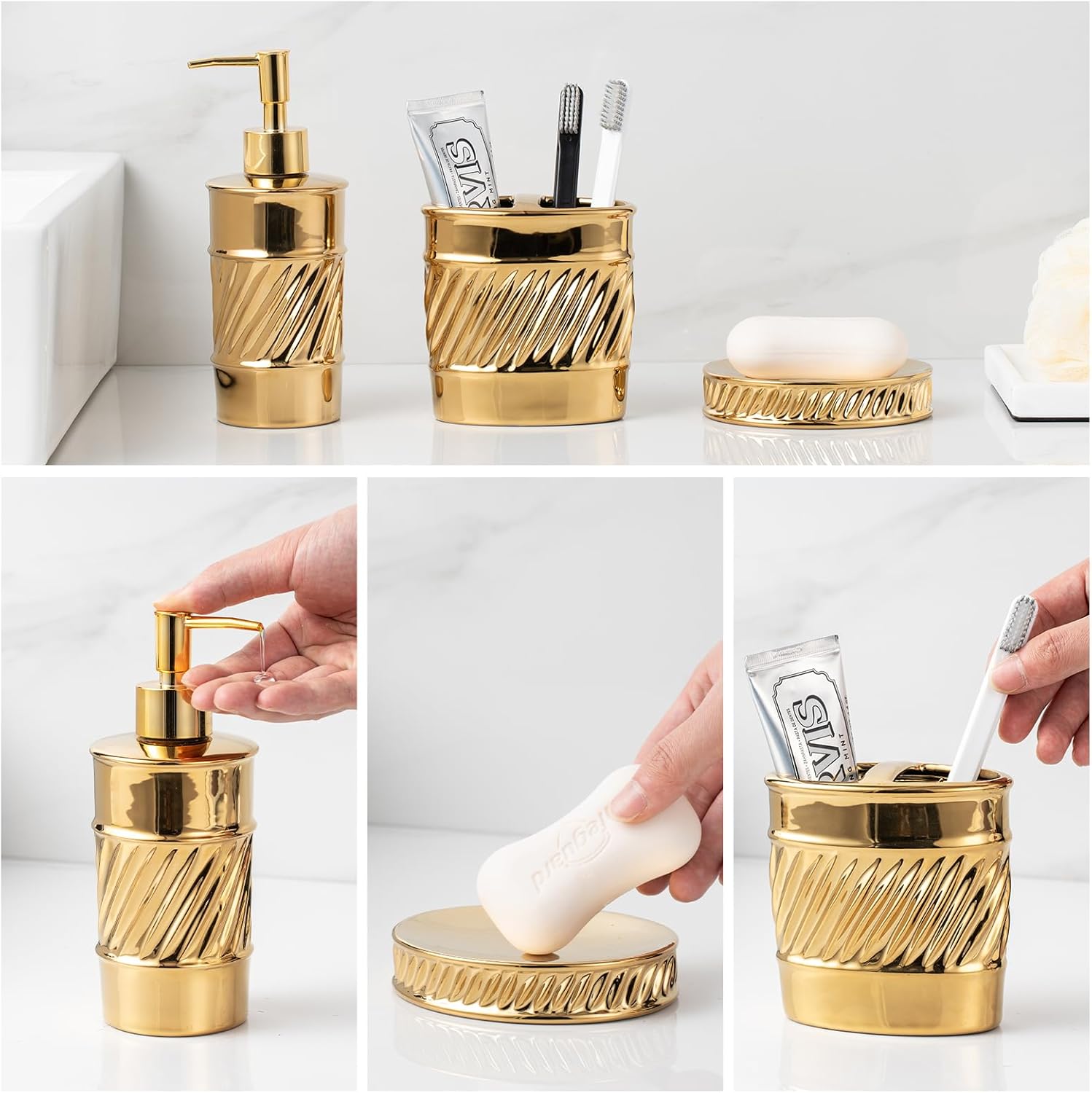Christmas Bathroom Accessories Set, 7-Piece Ceramic Bathroom Accessory Set Include Lotion Dispenser, Toothbrush Holder Tumbler, and Soap Dish