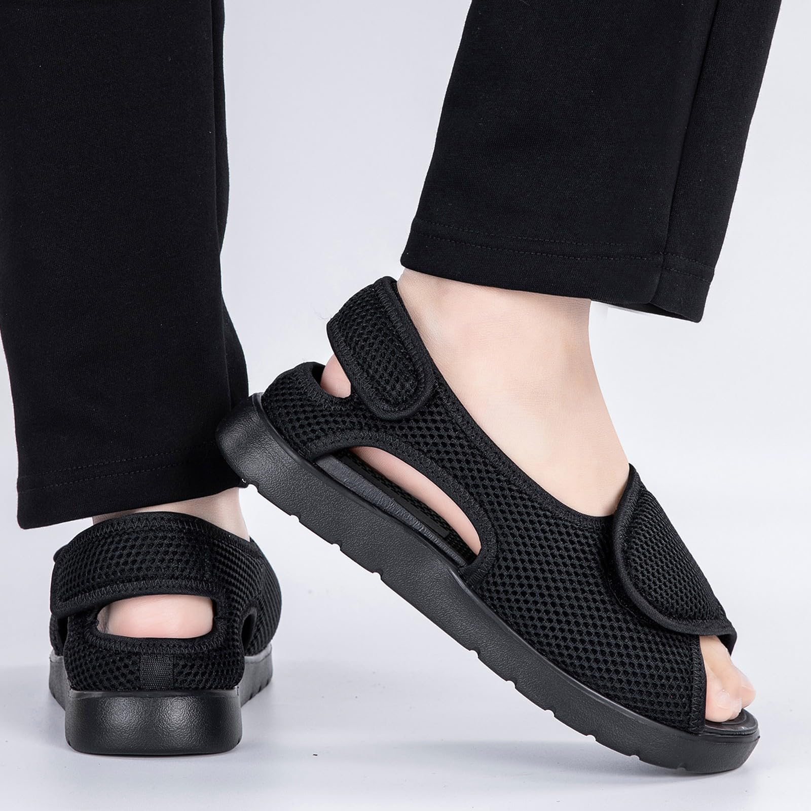 Gaatpot Sandali per Diabetici Donna Scarpe Ortopediche Uomo Larghi a Strappo Sandali Riabilitativi Regolabili Apertura per Piedi Gonfi Nero EU40