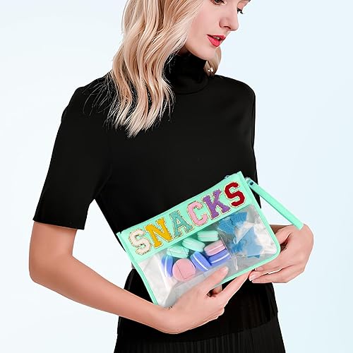 Vista 26 de HANAMO Bolsa transparente con letras de chenilla, bolsa de nailon para cosméticos con cremallera, bolsas de maquillaje transparentes, bolsas