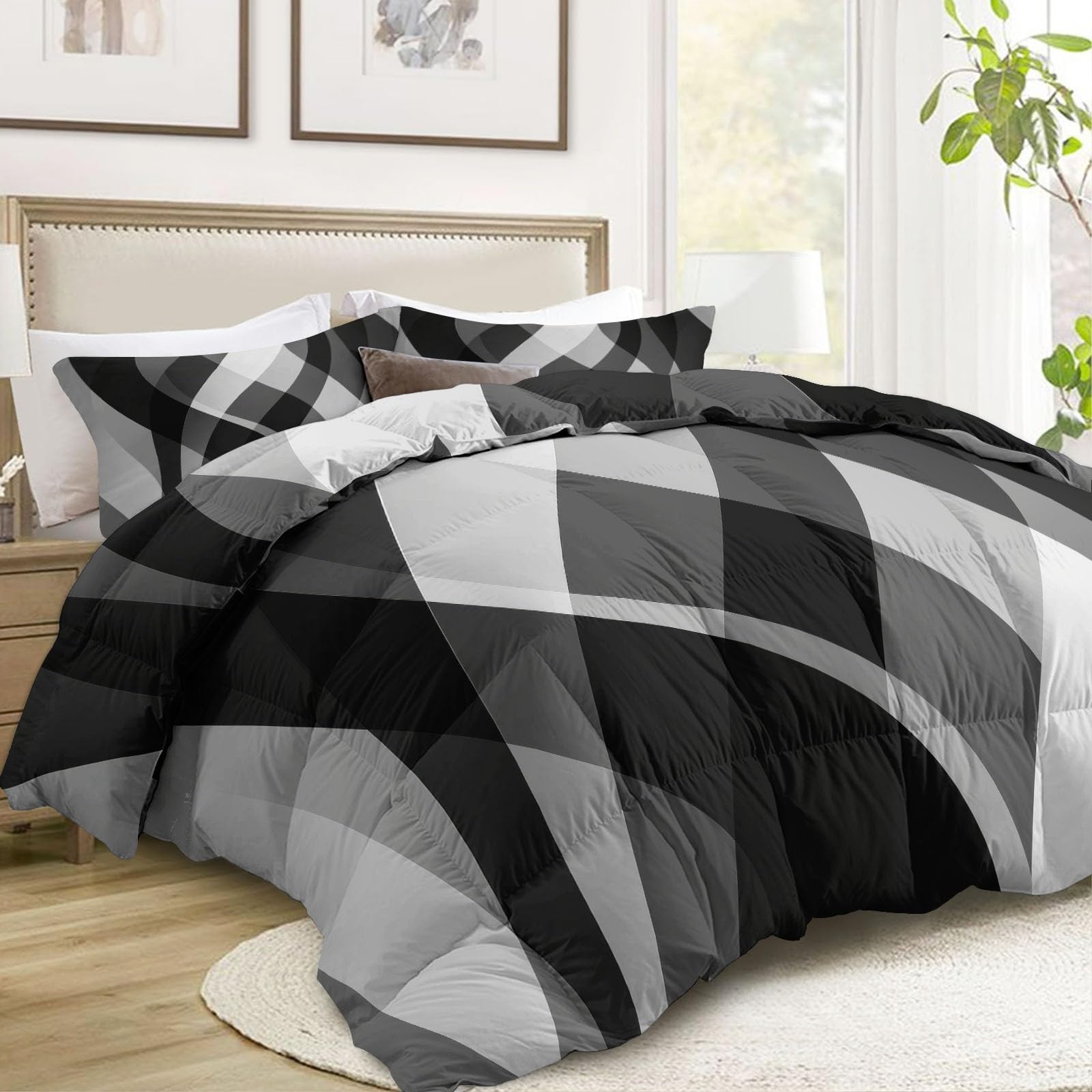 Podwójna kołdra bez pokrowca 200 x 200 cm, 7,5 Tog, abstrakcyjna, geometryczna, czarno-białe linie, dwustronna, pikowana pościel z 2 poszewkami na poduszki, lekki kolor, miękka i oddychająca, można