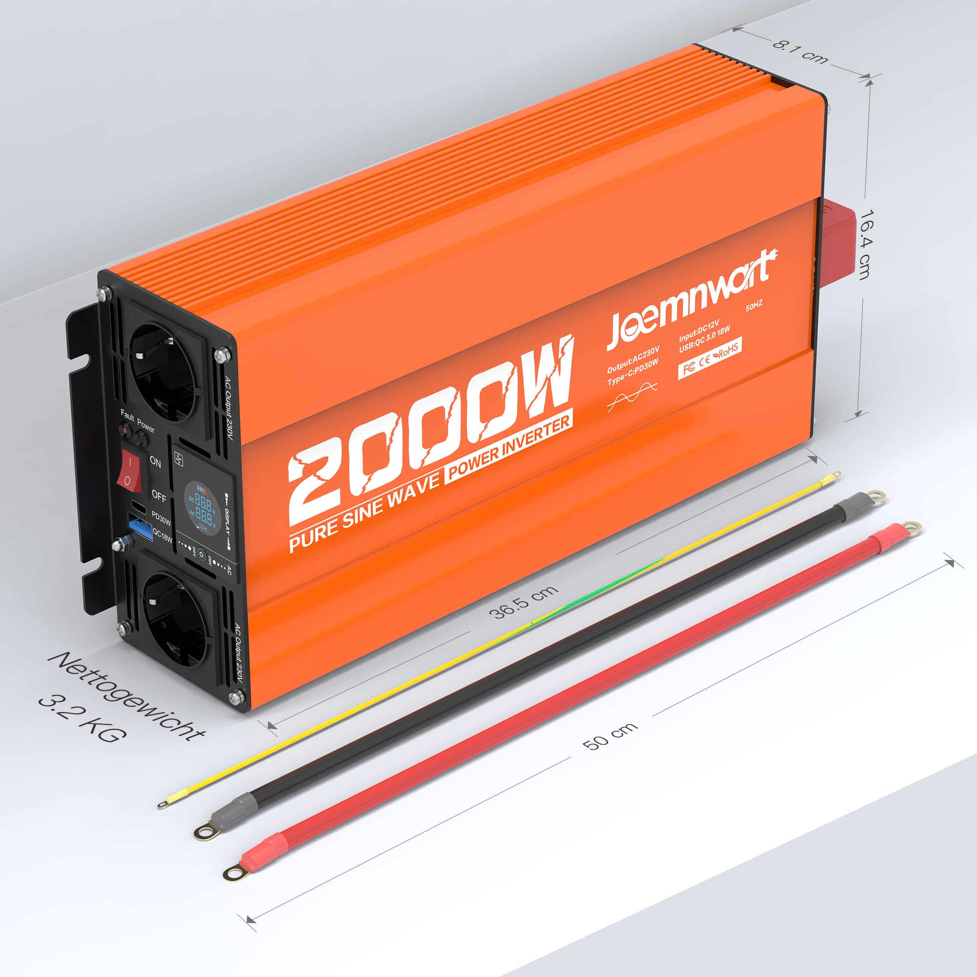 Inverter a Sinusoide Pura da 2000W, 12V a 230V con Display LCD, Potenza di Picco 4000W, ideale per laptop, ventilatori e altro