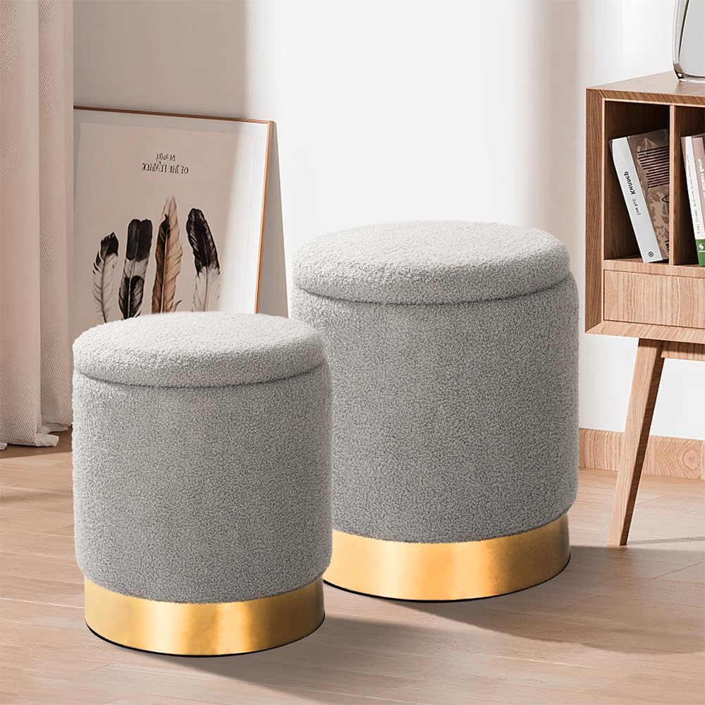 Premium Luxury Round Sherpa Storage Ottoman Set Multifunctional Vanity Stool Chairs for Bedroom Dining Room with Hidden Storage for Makeup Gold Patti - Grey (Pack of 2)-image-43