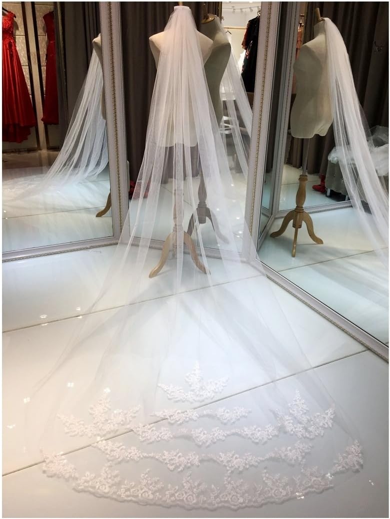 Monkidoll Lace Wedding Veil With Comb Long 3 Meters Bridal Veils (Ivory)
