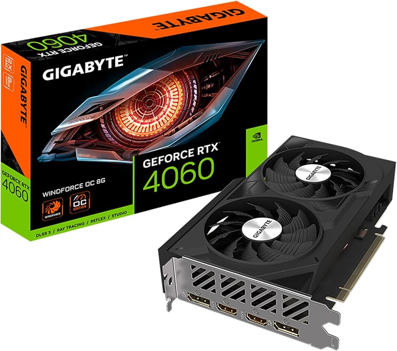 Tarjeta gráfica GIGABYTE GeForce RTX 4060 WINDFORCE OC 8G, 2 ventiladores WINDFORCE, 8 GB 128 bits GDDR6, tarjeta de vídeo GV-N4060WF2OC-8GD (renovada)