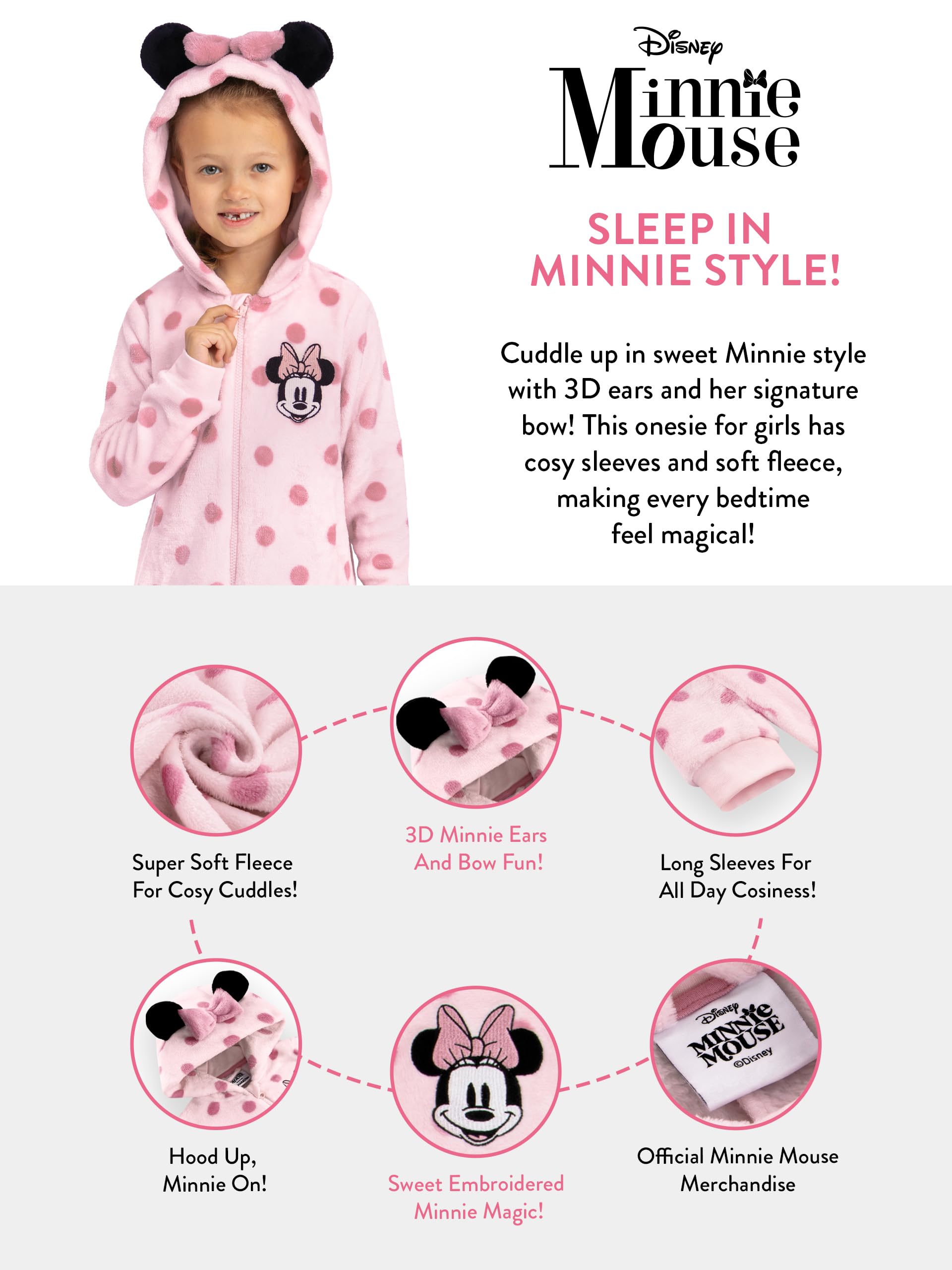 Disney Surpyjama, Surpyjama Fille Minnie Mouse, Pyjama Enfant Fille avec Oreilles 3D Et Nœud, Pyjama Combinaison Enfant en Polaire