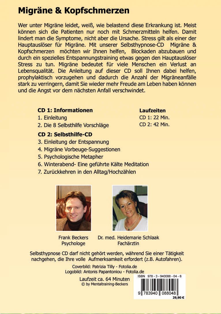 Hörbuch: Migräne & Kopfschmerzen - Hilfe gegen Migräne (Doppel-CD): Selbsthilfe durch Hypnose (Mentaltraining-Beckers)