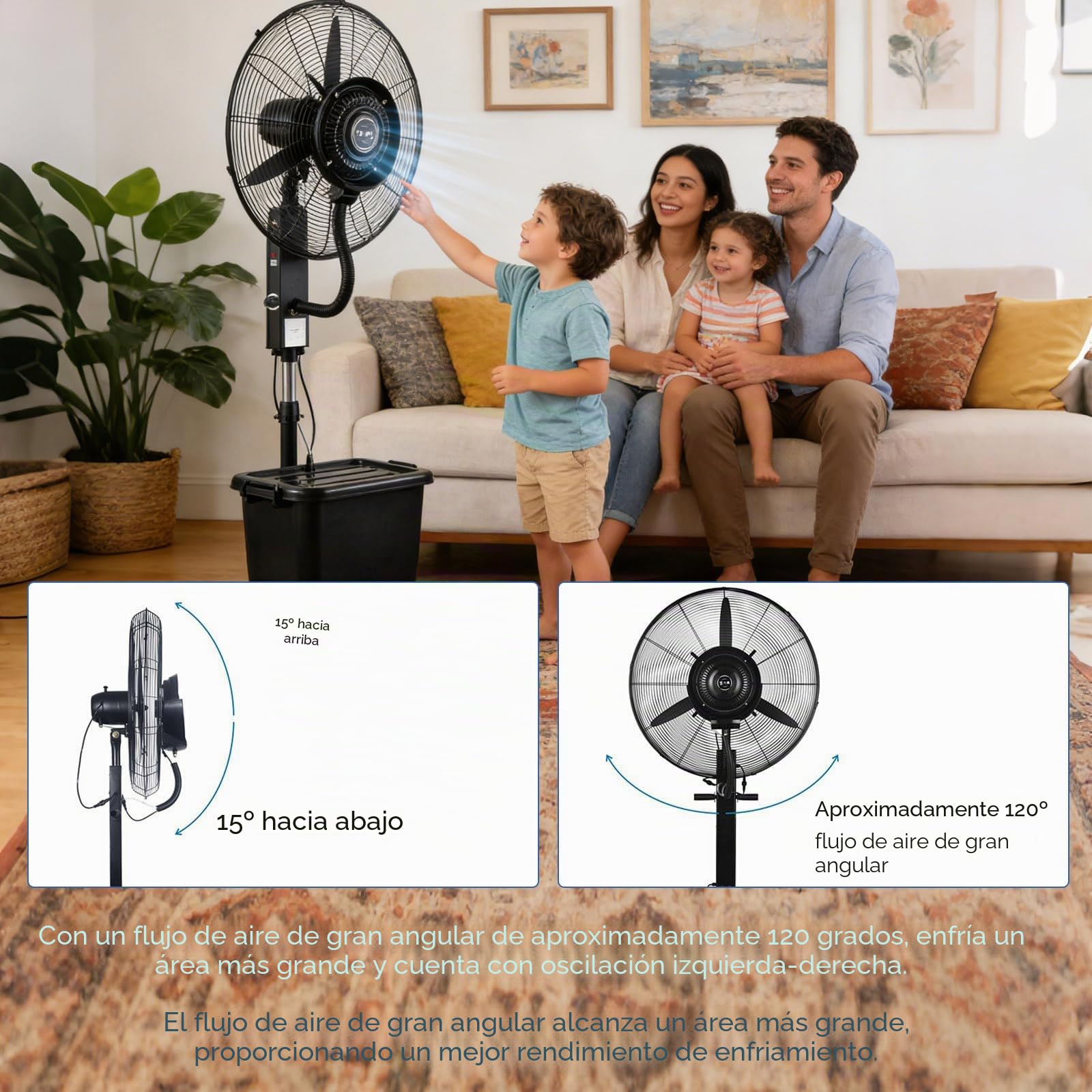 Ventilador Nebulizador de Pie con Depósito de 42L, Ventilador Enfriador con Tanque de Agua, 3 Velocidades, Regulable en Altura, Apto para Jardín, Terraza, Bares y Restaurantes.