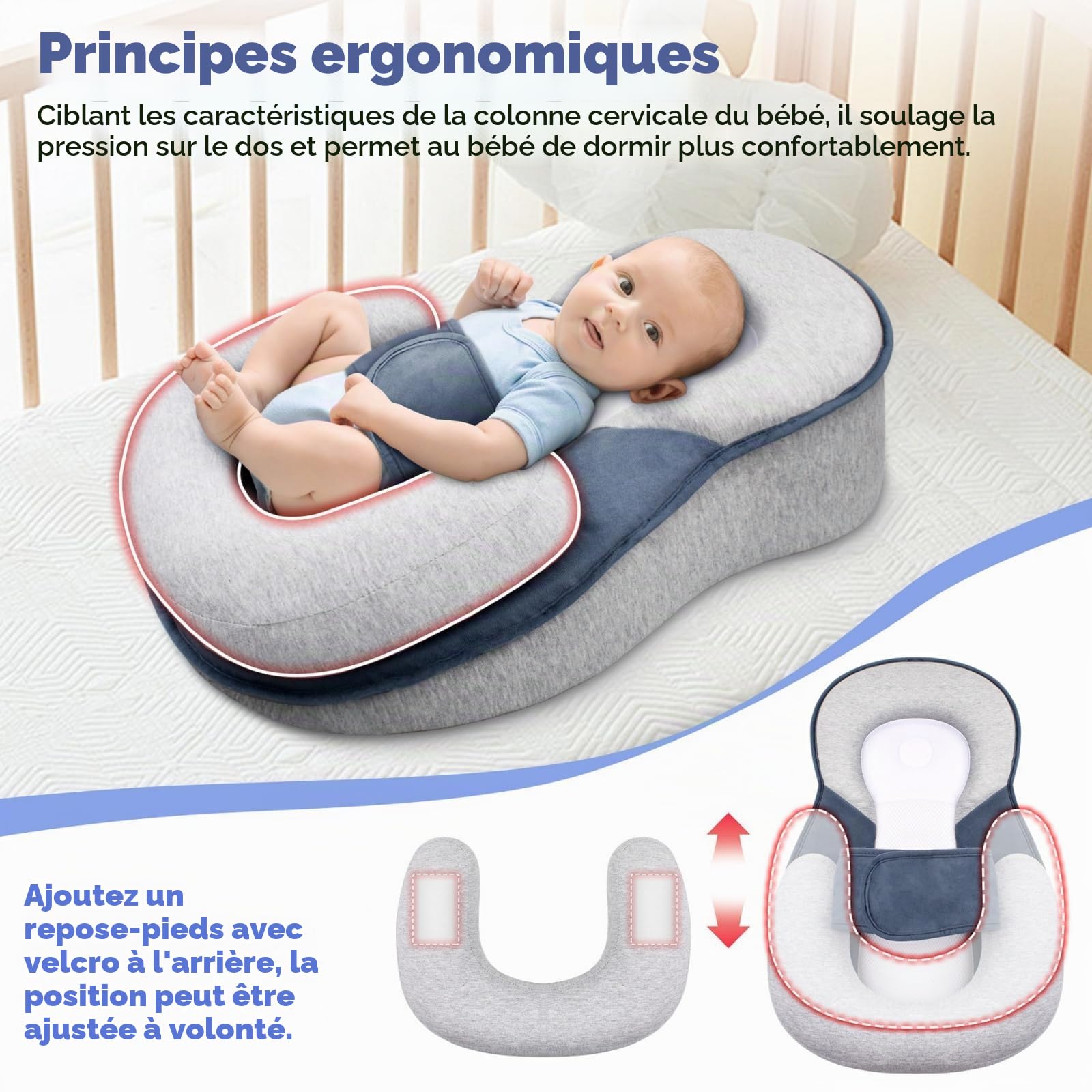 Coussin de Repos pour bébé, Inclinaison à 15°, Housse en Modal Respirant, prévient Les régurgitations, Convient aux Nouveau-nés et aux Tout-Petits (Grand modèle : 65 x 40 x 30 cm).