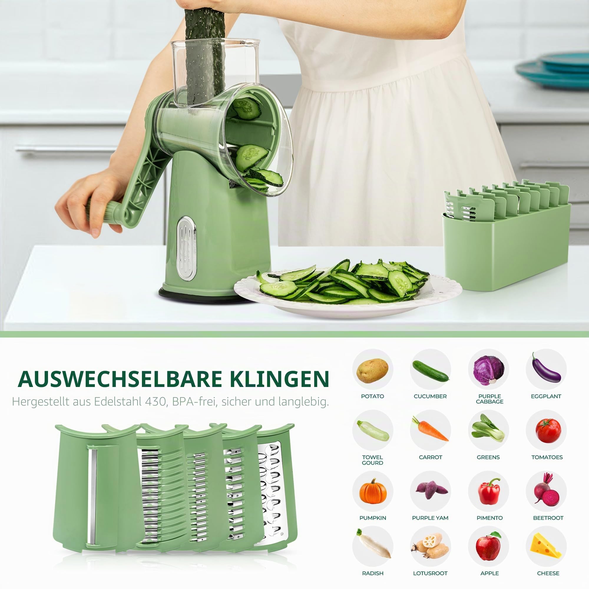 SUSTEAS Käsereibe mit Kurbel - Reibe für Gemüse mit 5 Trommelblättern, Starkem Saugfuß, Gemüseschneider,ideal für Käse,Gurken, Karotten,Nüsse,Gemüse usw, mit Klingenaufbewahrungsbox (Retro-Grün)