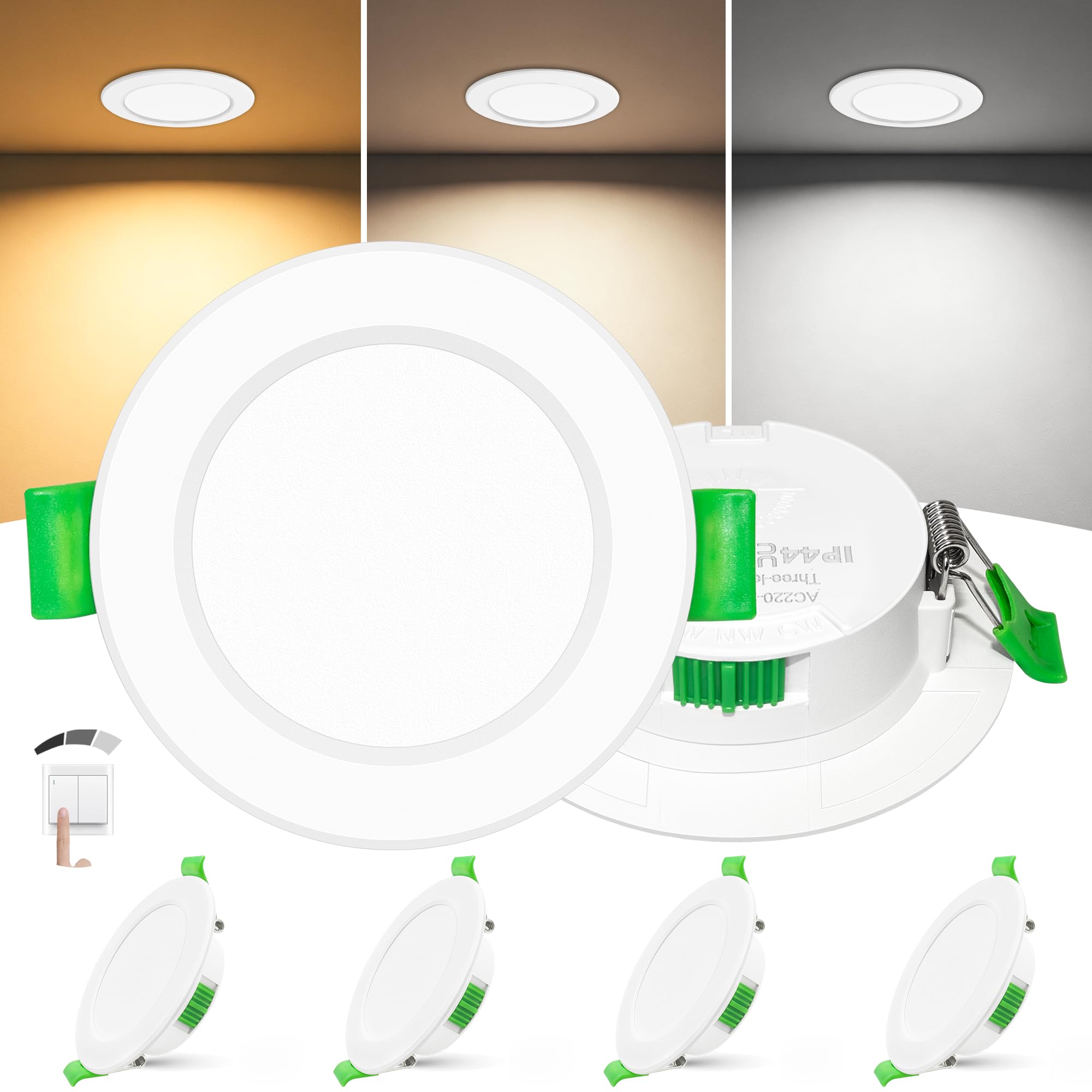 LED Einbaustrahler 230V 4er Set, Ultra Flach 25mm Einbauleuchten, 55–68mm Lochmaß, 6W 600LM, Warmweiß Neutralweiß Kaltweiß, 3-Stufen Dimmbar, IP44 LED Spots für Bad, Küche & Wohnzimmer, Weiß