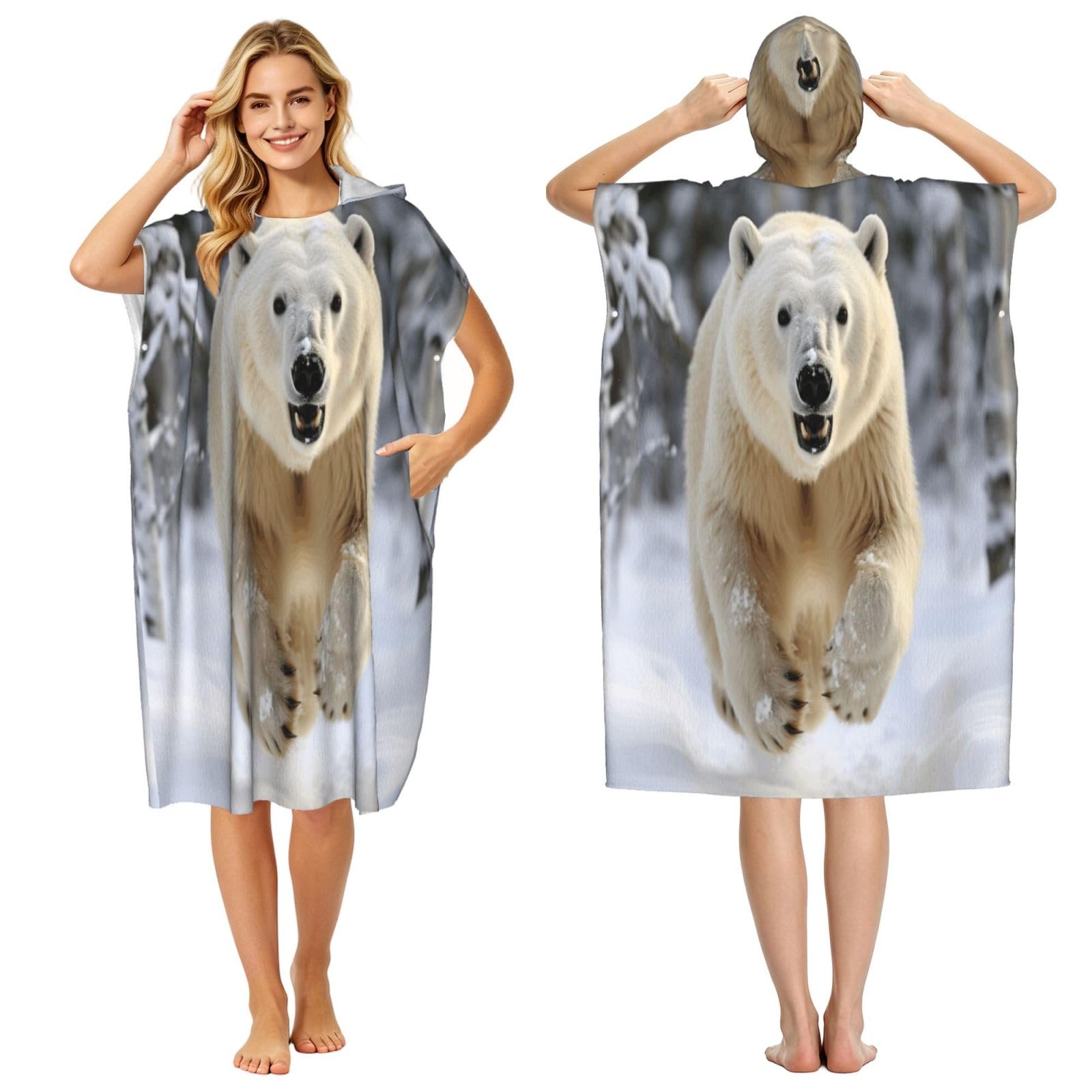DTHKJNLSF Polar Bear In The Snow Adult Hooded Beach Poncho Towel