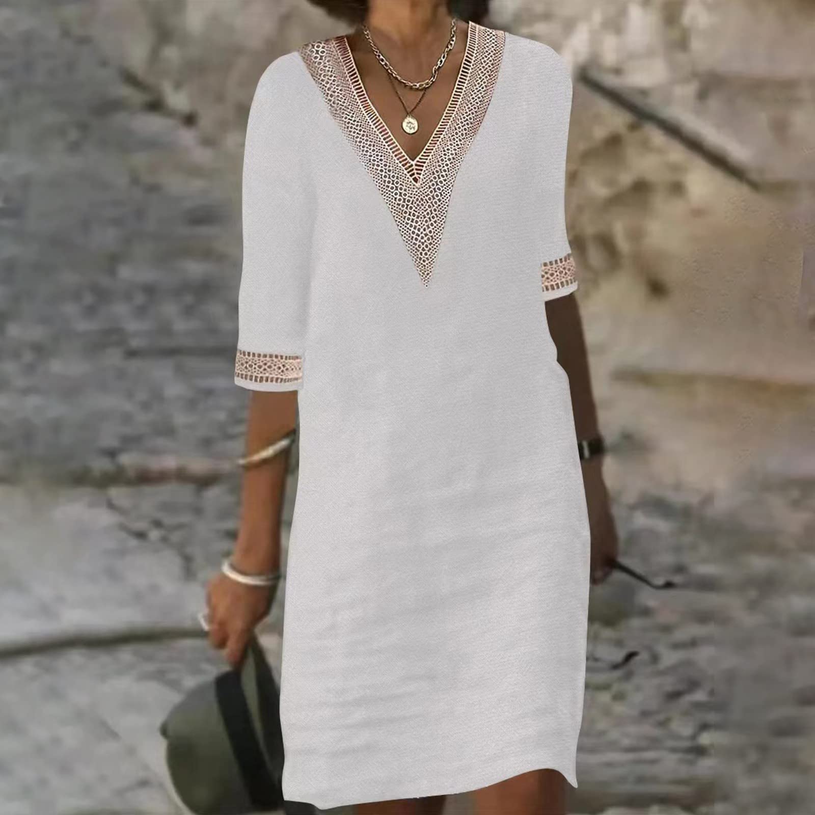 Générique Robe Lin Femme Été, Robe Mi Longue Femme Droite, Col en V en Manches Courtes Coupe Trapèze Robe De Plage Ample Rétro Robe en Lin Décontractée pour Fêter Robe De Vacances À La Plage