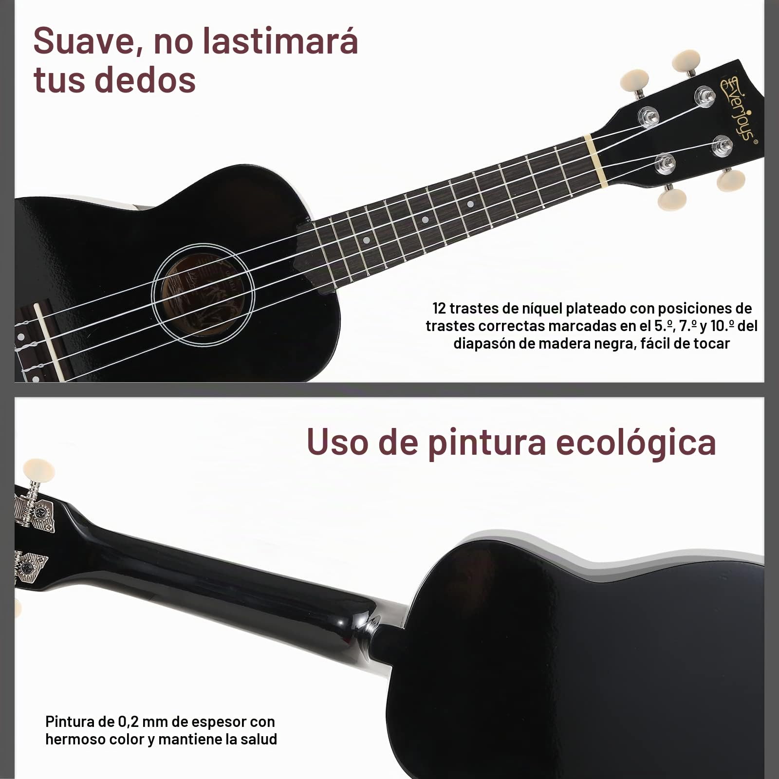 Everjoys Kit de ukelele soprano para principiantes, para niños, adultos, estudiantes, 21 pulgadas, correa de repuesto, cuerda de repuesto, paño de pulido, púas de cancionero (negro brillante)