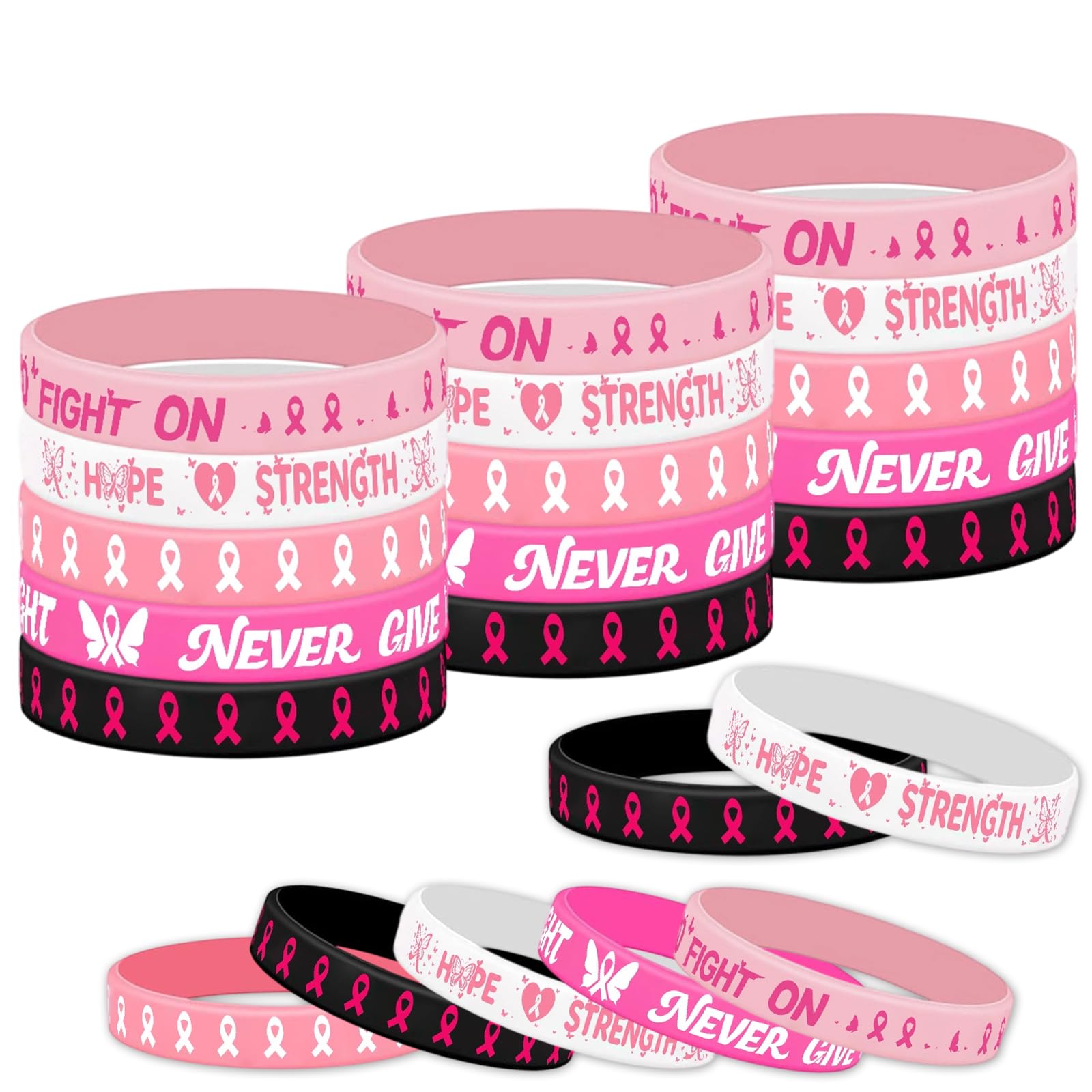 Gelasgo 100pcs Pink Ribbon Silicone Bracelets – Breast Cancer Awareness Rubber Wristbands with Hope, Faith & Strength, Inspirational Party Favors Supplies for Women