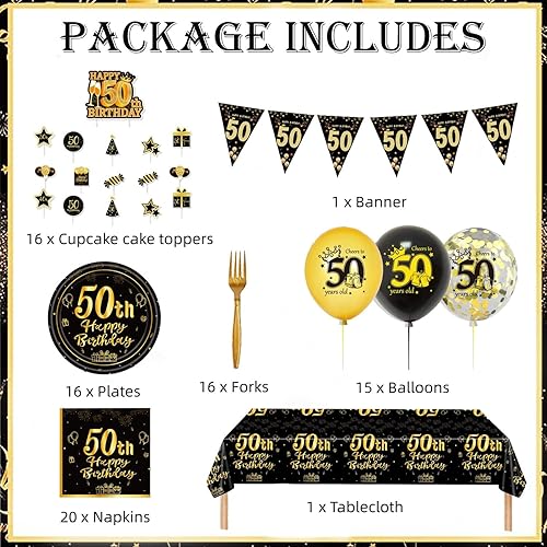 Miniatura 2 de Suministros de decoración de fiesta de cumpleaños número 50 para hombres y mujeres, incluye 16 platos, 20 servilletas, 1 mantel, 1 pancarta, 16