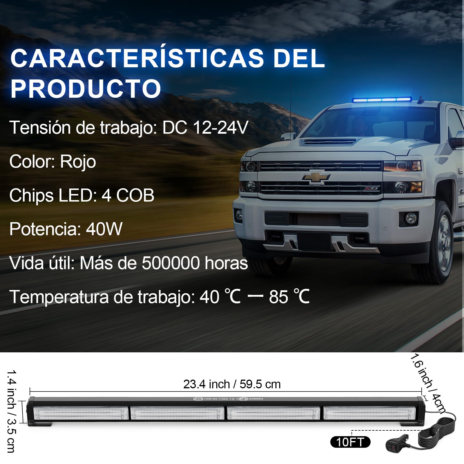 Dinfu 40W Luz de advertencia LED Azul con 17 modos de estroboscopio, luz intermitente de 24 pulgadas para camiones, luz de emergencia Azul para Techo Superior