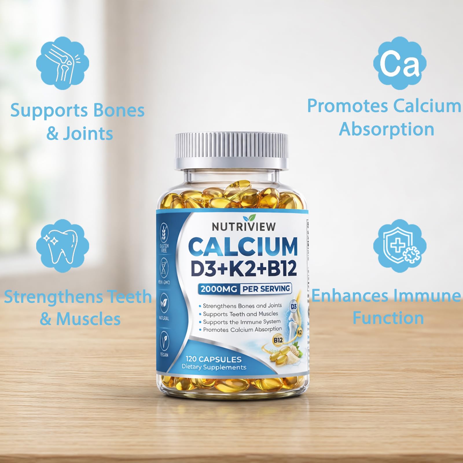 Nutriview Calcium D3 + K2 + B12 Softgels, 2000mg Suplemento De Calcio, Glucosamina + Condroitin Added, Strengthen Bones and Teeth, Boost Energy, Vegen, Non-GMO, 120 Capsules (1) — Amazon image 2