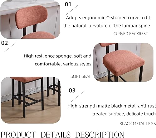 Miniatura 5 de Juego de 2 modernos taburetes de bar tapizados de tela para mostrador, sillas de isla de cocina de 26 pulgadas con patas de metal negro para