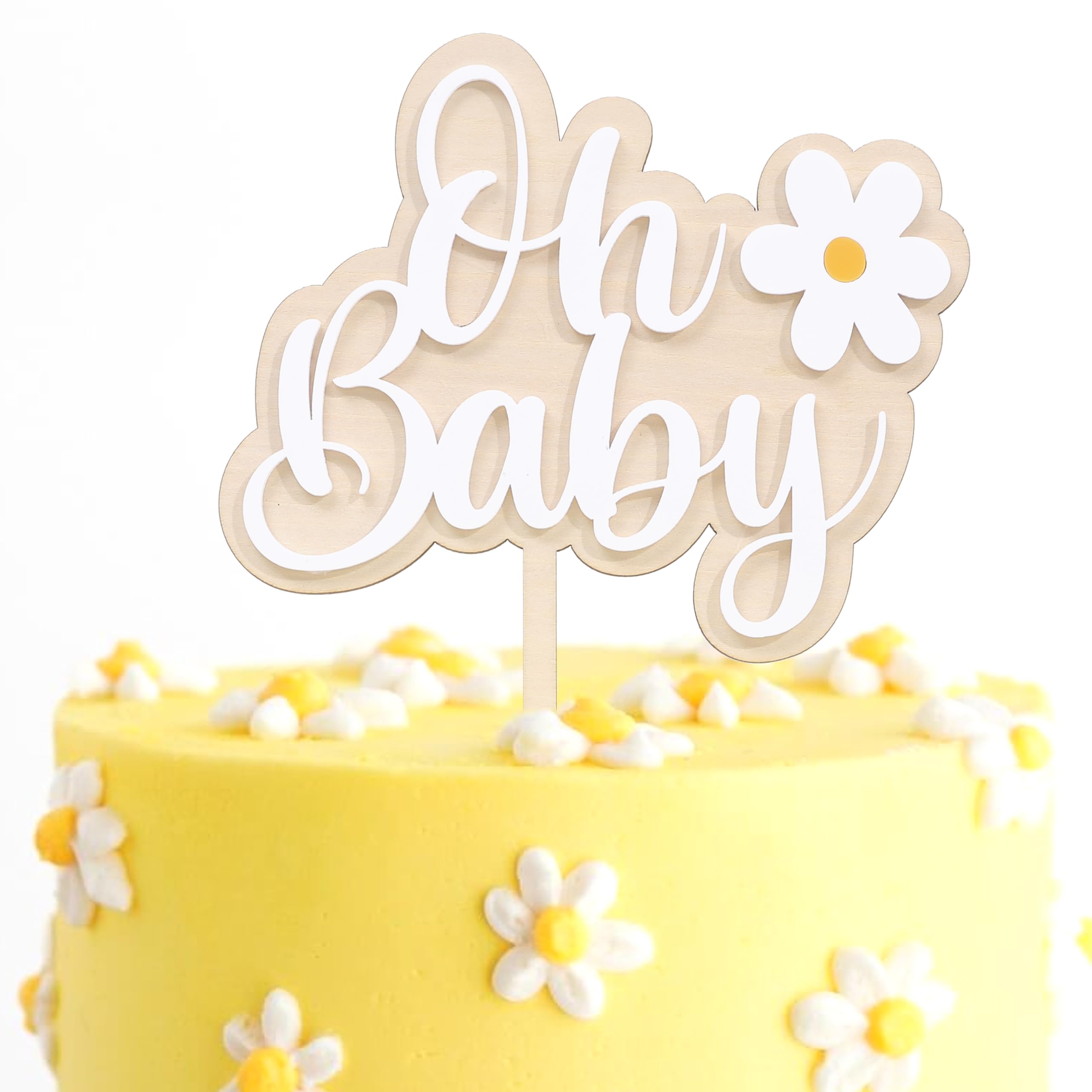 Oh Baby Daisy Cake Topper - Gender Reveal Party Decorations,Welcome Little Daisy Party Photo Props,Bohemian Wooden Oh Baby Cake Topper,Groovy Floral