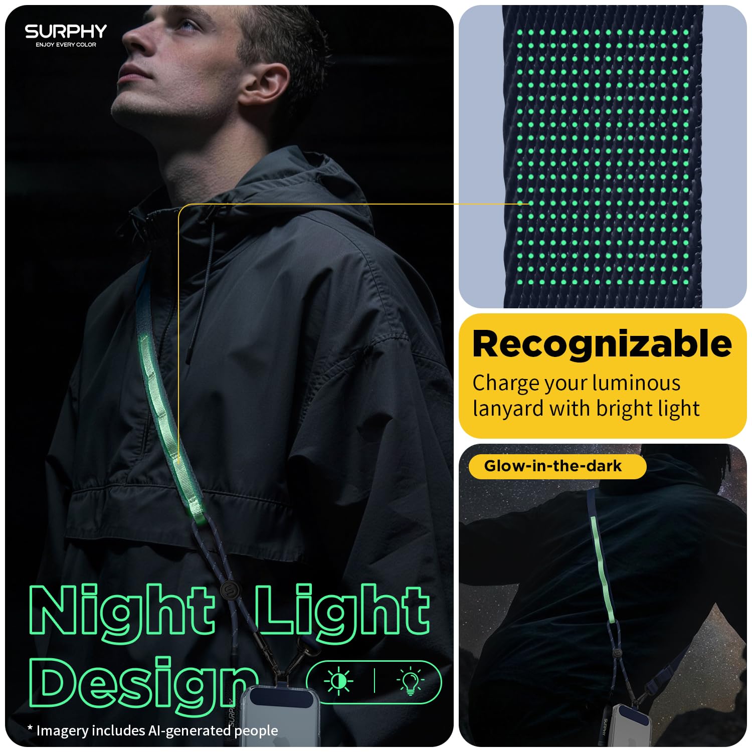 SURPHY Cordino per Cellulare Antifurto Luminescente, Laccio per Cellulare Multifunzione da Tracolla per Telefono, Porta Cellulare da Collo Rimovibile per Corsa all‘Aperto e Ciclismo Notturno