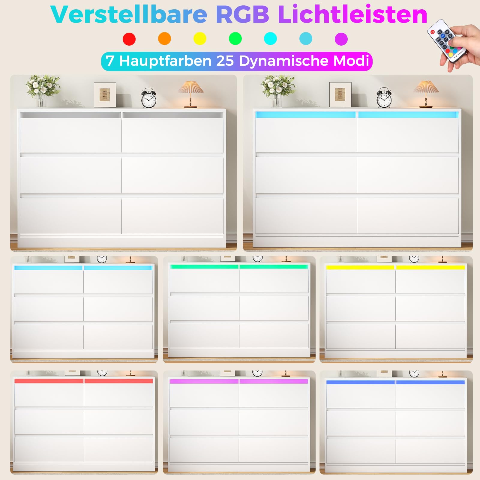 BEWISHOME Kommode mit 6 Schubladen,Kommode weiß mit LED-Beleuchtung