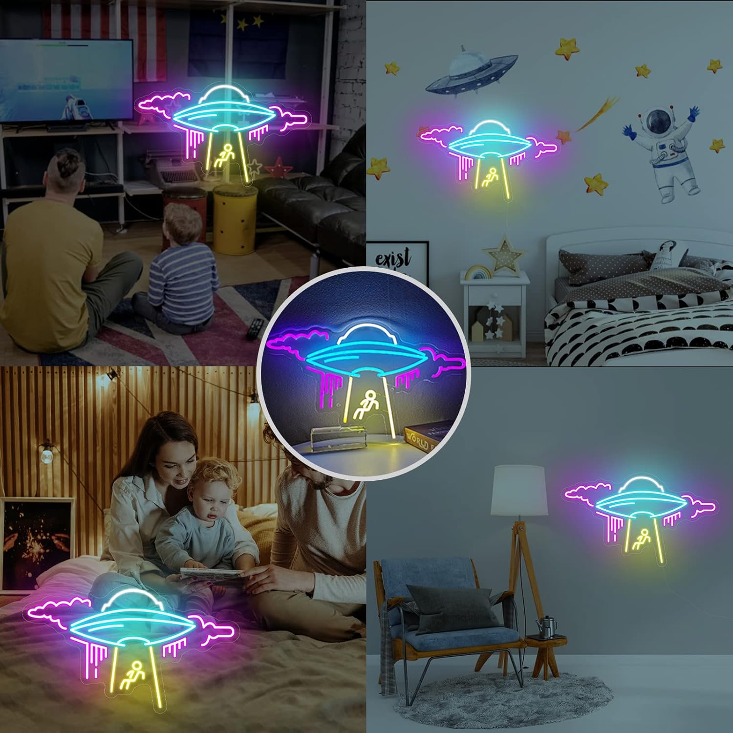 22-Inch Large UFO Neon Sign For Wall Decor, Dimmable Spaceship Neon Light, USB Powered Spaceship decor For sci-fi Fans Space-Themed Bar Restaurant Event Party Game Room Decoration, for Man's Gift