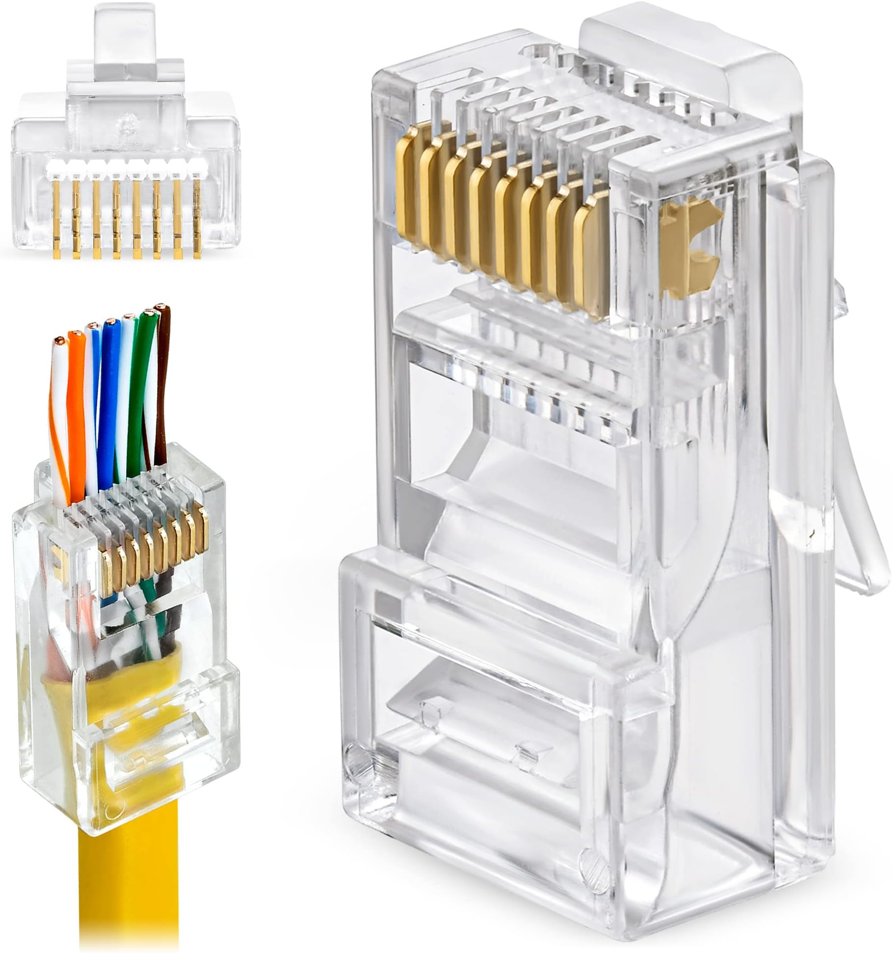 GTZ Cat5e RJ45 Pass Through Connector 100-Pack - EZ Cat 5e Pass Through RJ45 Connectors - Cat 5e Connectors - Ethernet Connector, Ethernet Plug - for Solid or Stranded UTP Network Cable