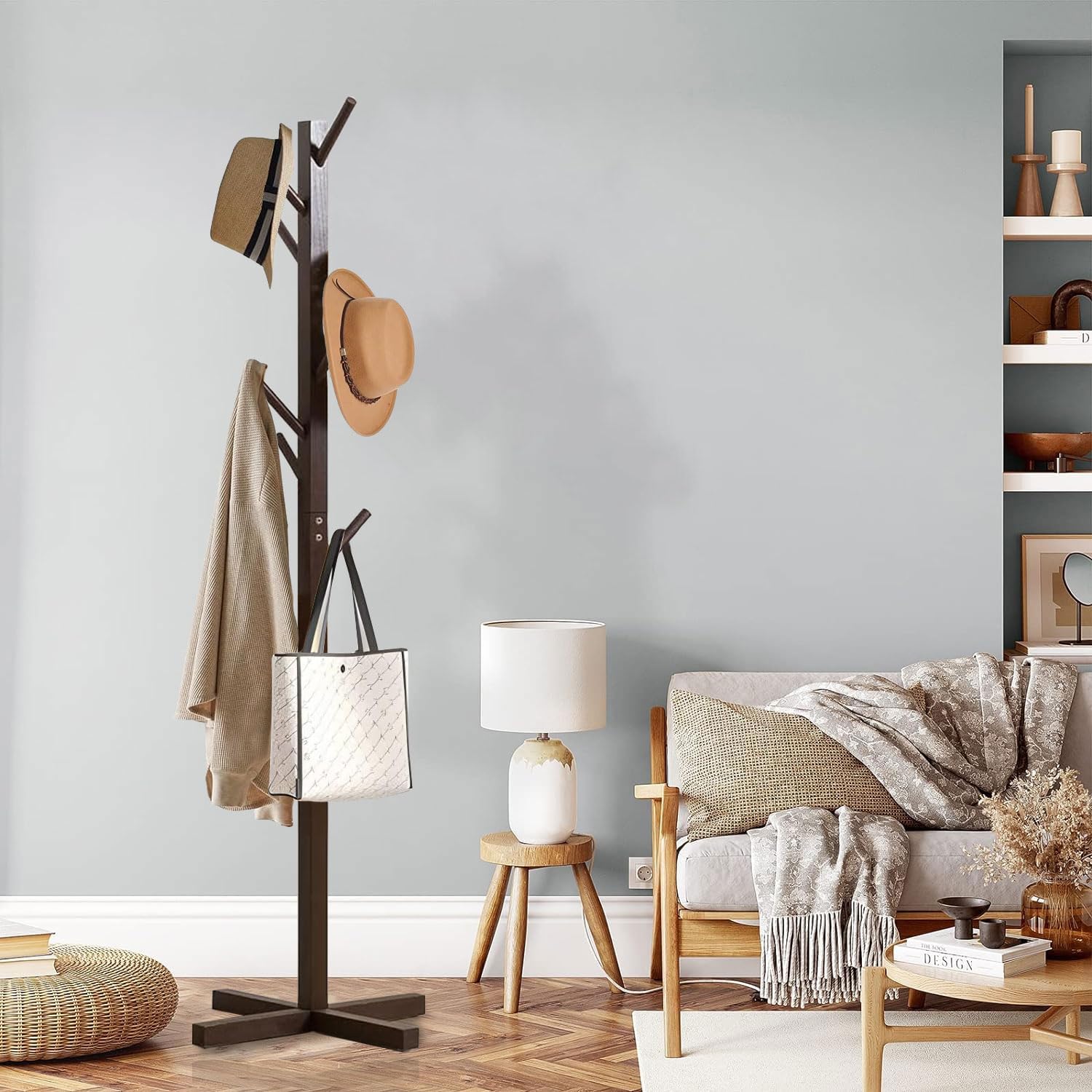 Clothes Rack Free Standing Tree Shaped Bamboo Coat Stand with 8 Hooks for Hanging Coats Hats Bag - Cloth Stand (50 x 50 x 151cm) - Dark Brown