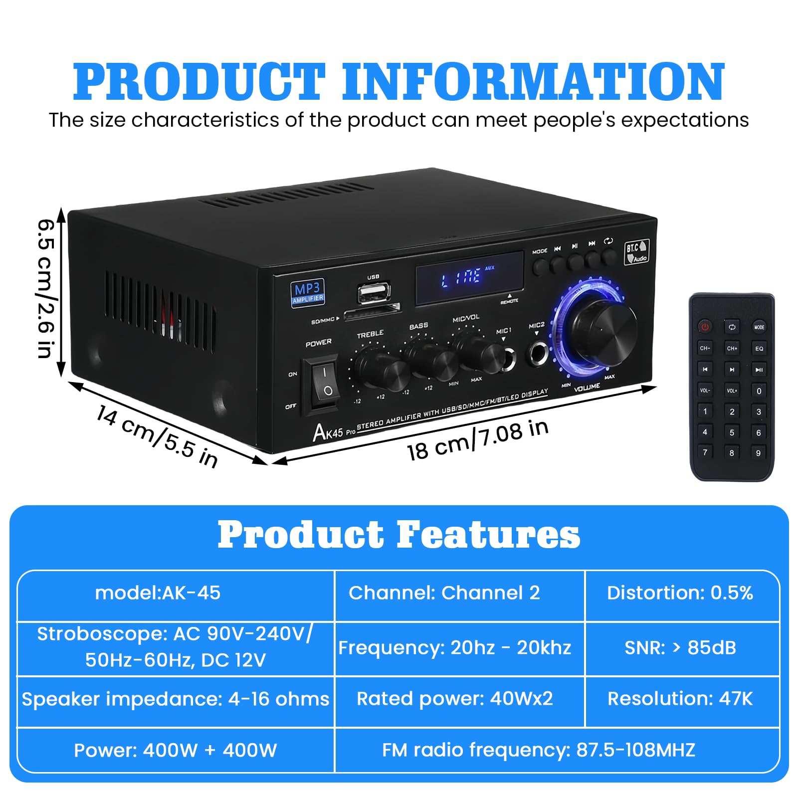 AK45 Amplificatore HiFi Mini Stereo Bluetooth 2.0 Canali 40W X 2 12V/240V Telecomando