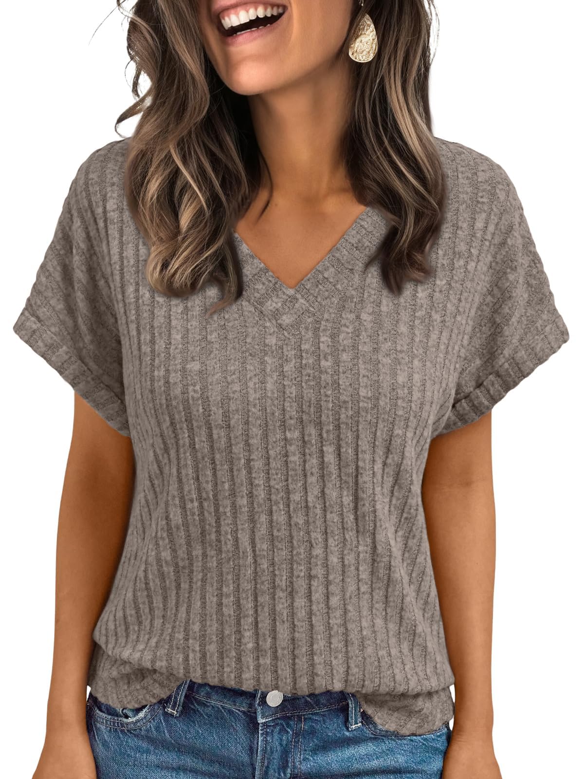 BUNSLOOM T Shirt Damen V-Ausschnitt Kurzarm Leicht Weich Locker Figurbetont Elegant Basic Oberteile Tunika Tops