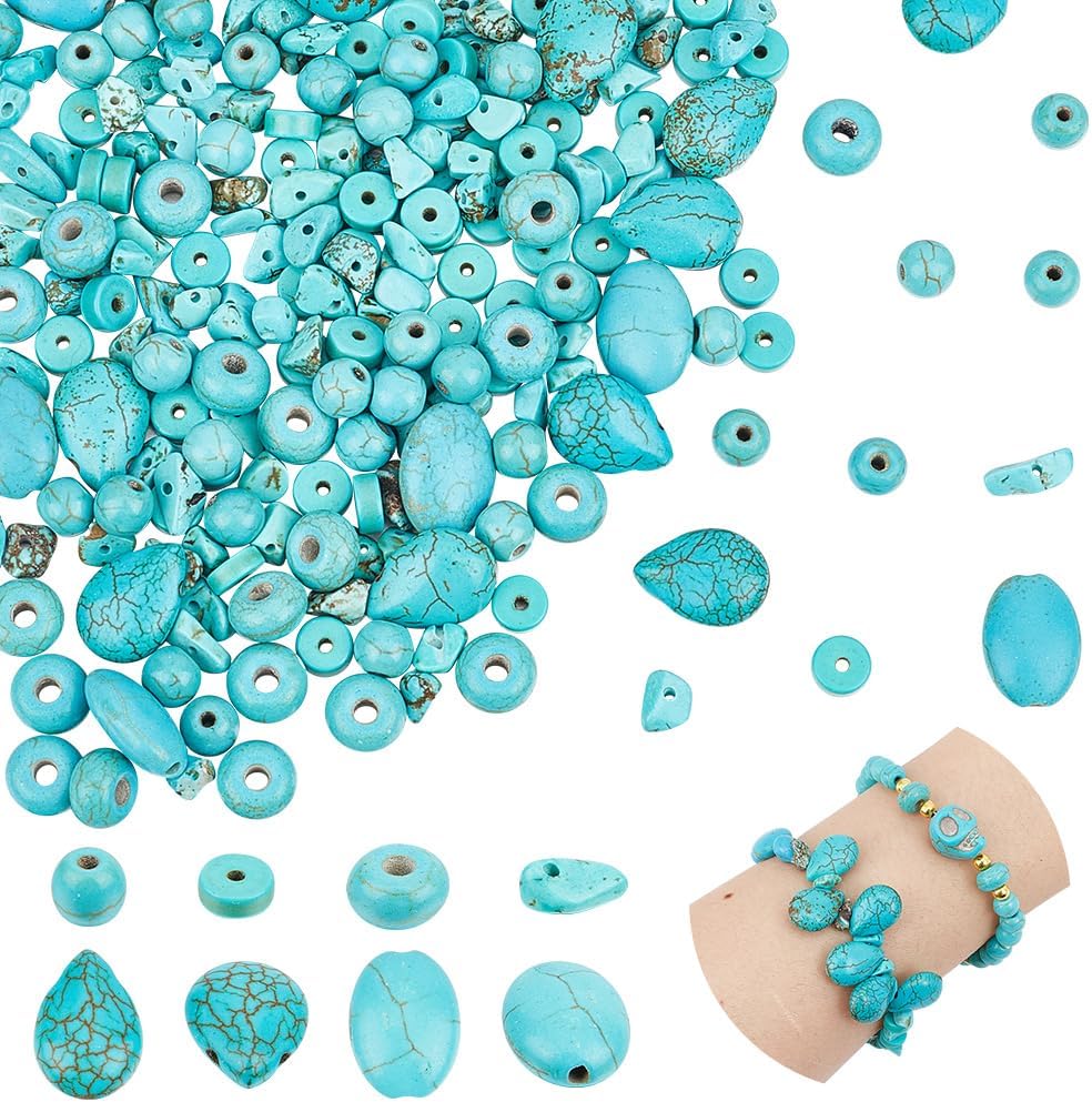 arricraft About 250pcs 6 Styles Turquoise Beads, Oval Round Disc Rondelle Chip Teardrop Heishi Beads Irregular Loose Stone Beads for Bracelet Necklace Jewelry Making (Hole: 1mm)
