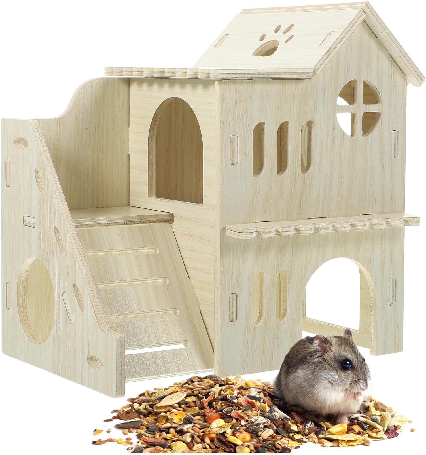 YARNOW Hamster Hideout House Wooden Small Animal Hut with Multi-Chamber Design and Ramp for Guinea Rabbits and Hamsters Indoor Habitat