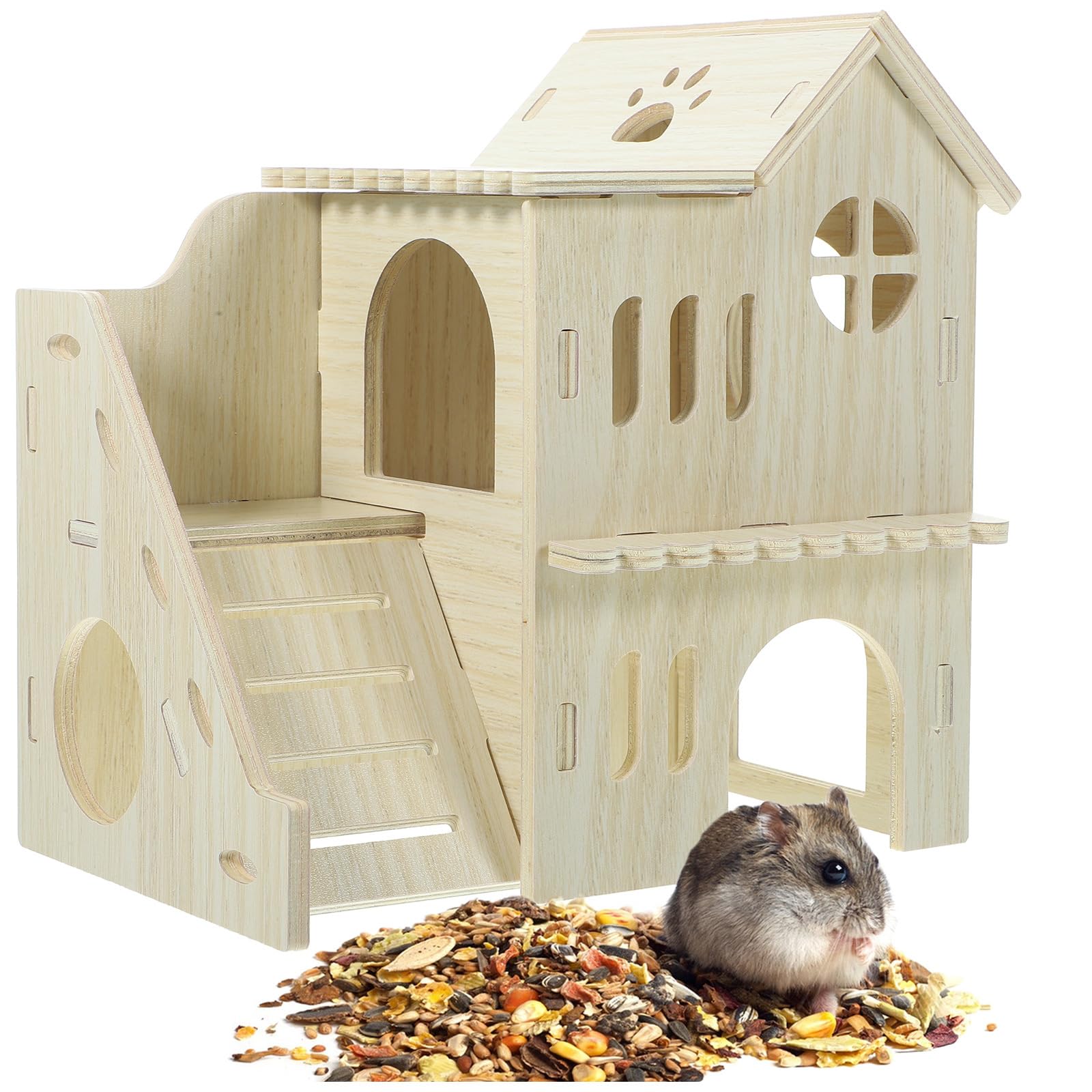 YARNOW Hamster Hideout House Wooden Small Animal Hut with Multi-Chamber Design and Ramp for Guinea Rabbits and Hamsters Indoor Habitat