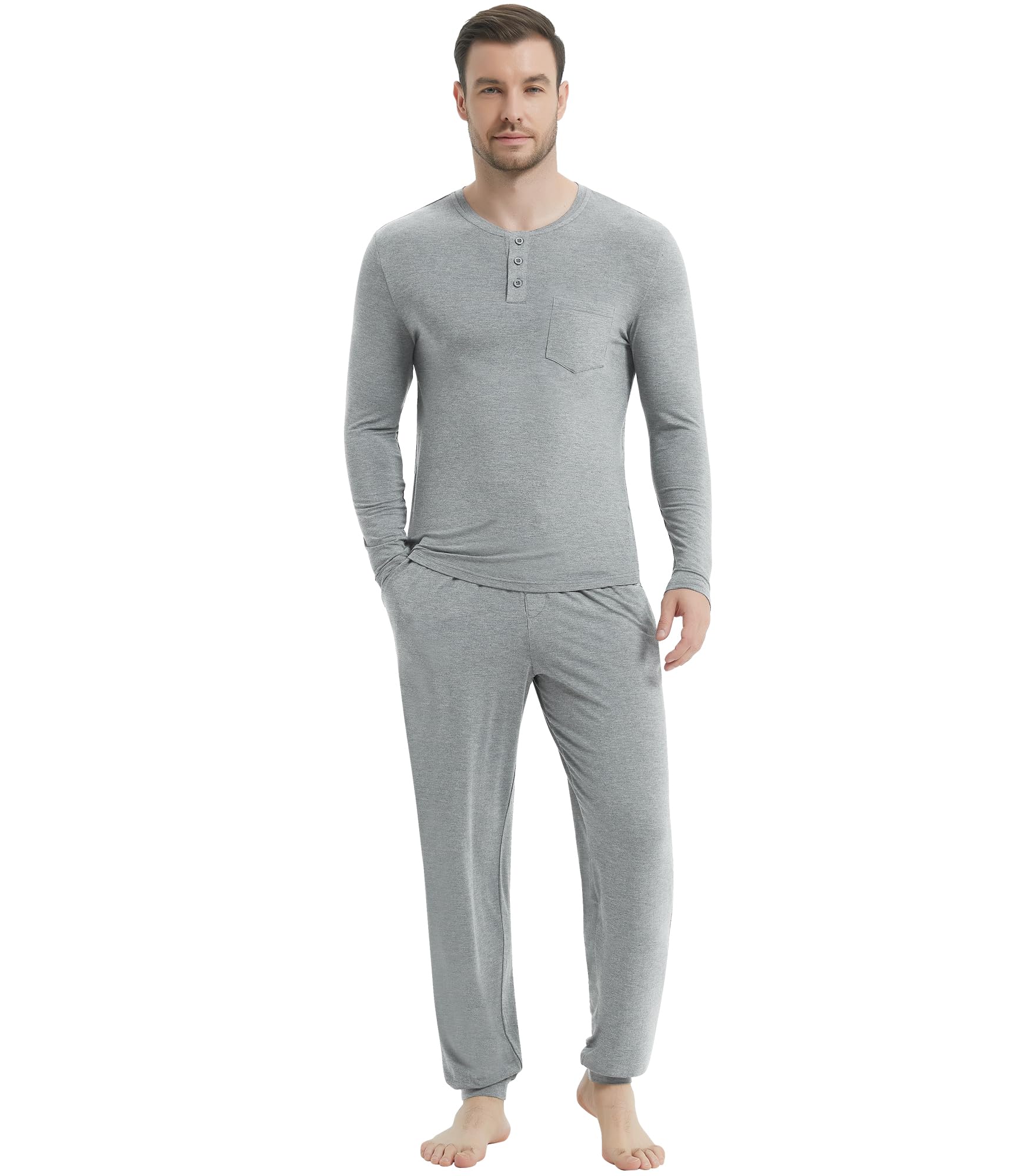 NACHILA Mens Pajamas Set Viscose Made from Bamboo Henley Top Sleep Pants
