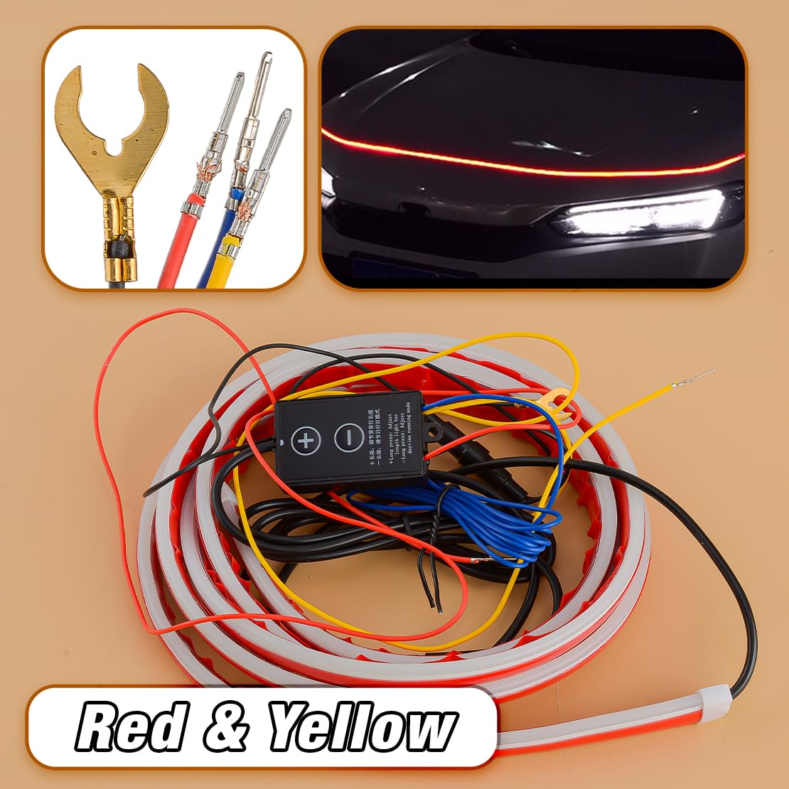 beler 2M Car Start Dynamic Flowing Red & Yellow LED Hood Light Strip Daytime Running Light Turn Signal Lamp