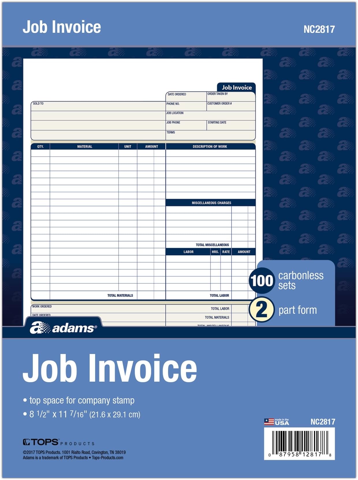 Job Invoice Forms, 2-Part Carbonless, for Service and Repair Billing, 100 Individual Sets Per Pack (NC2817), White, 8-1/2 x 11