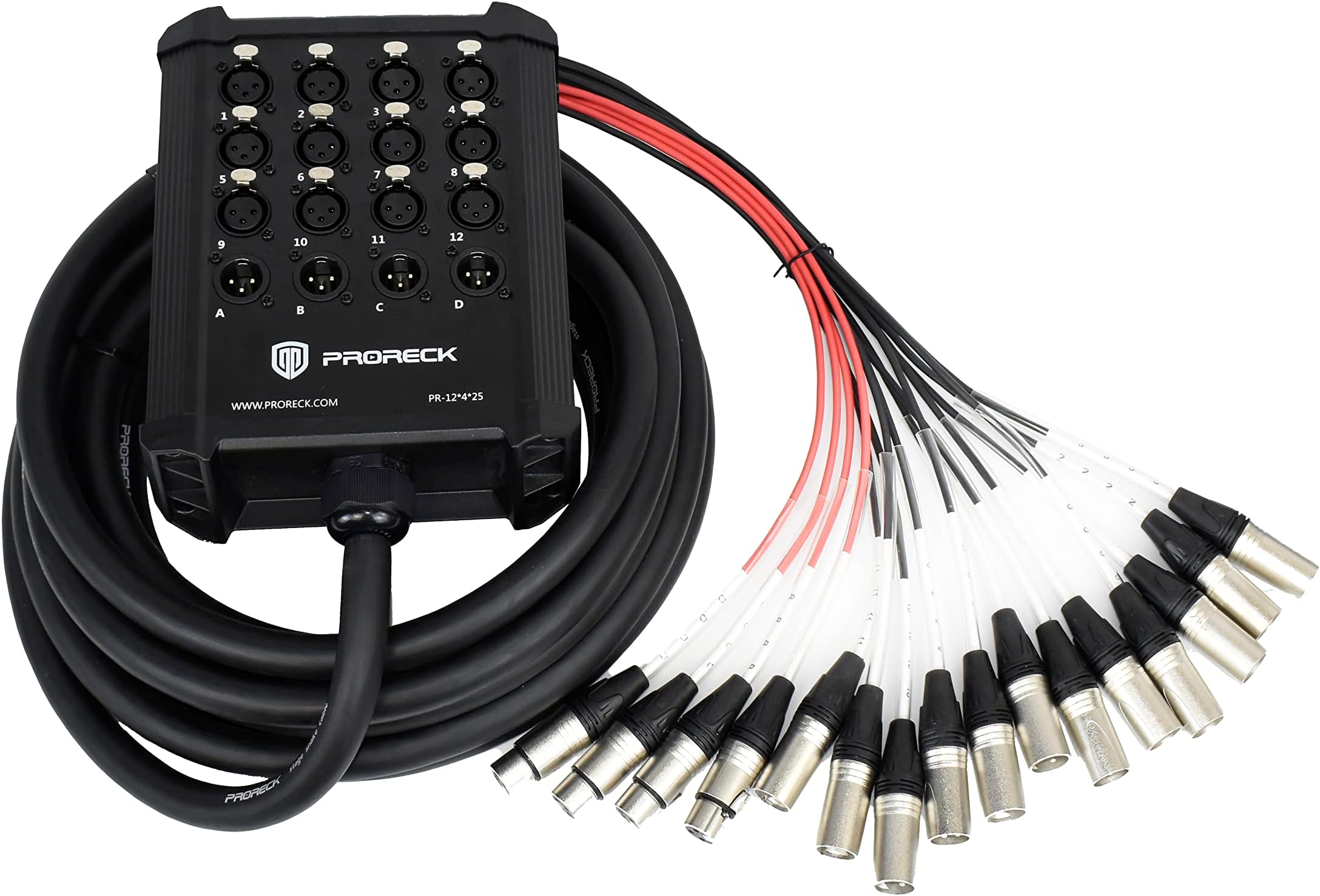 PRORECK 12-Channel Low Profile XLR Send Circuit Board Snake Cables, XLR Splitter Cable for Live, Recording, Stage, Studio, 25 Feet Long (PR-12 * 4 * 25)